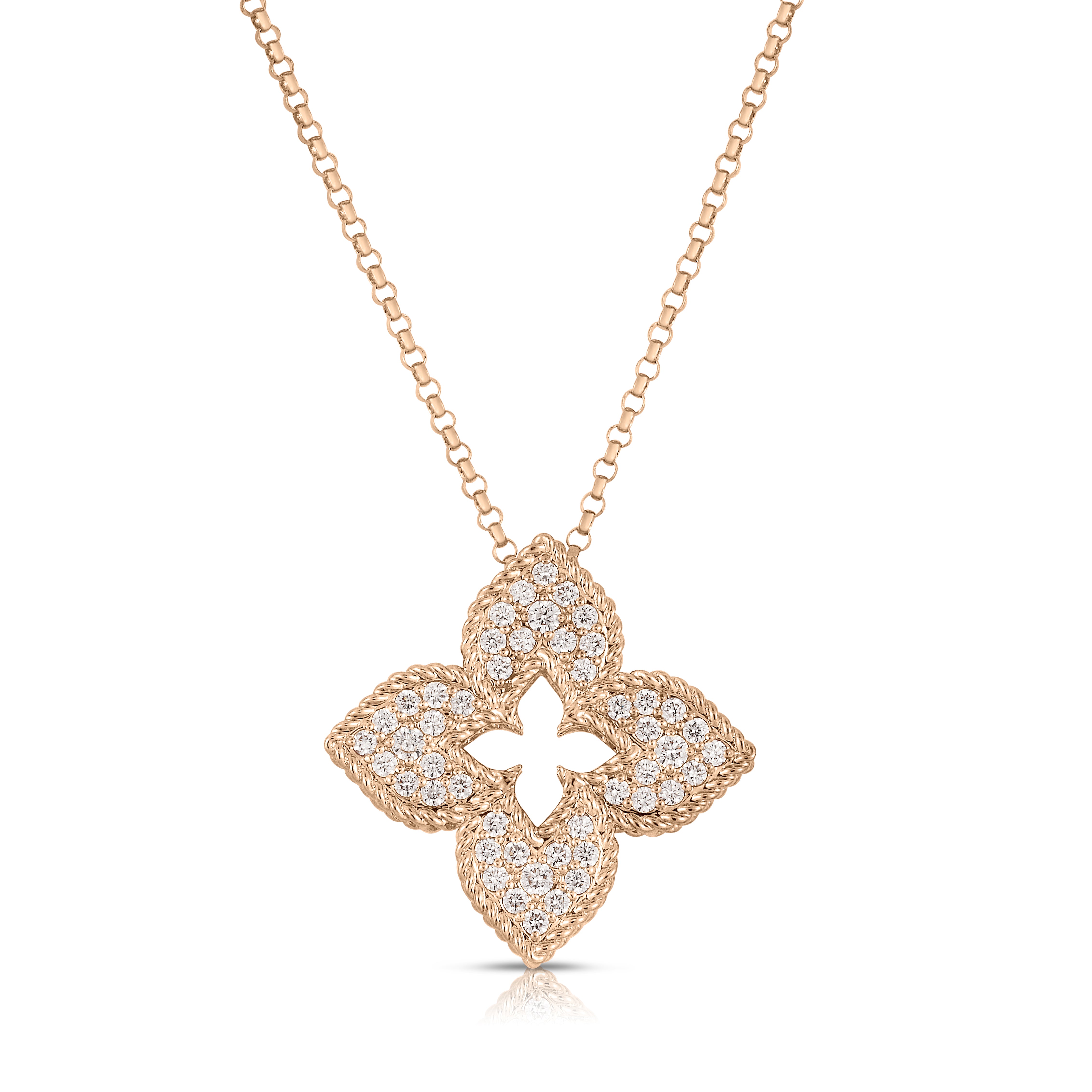 18K ROSE GOLD VENETIAN PRINCESS MEDIUM PAVE DIAMOND FLOWER NECKLACE