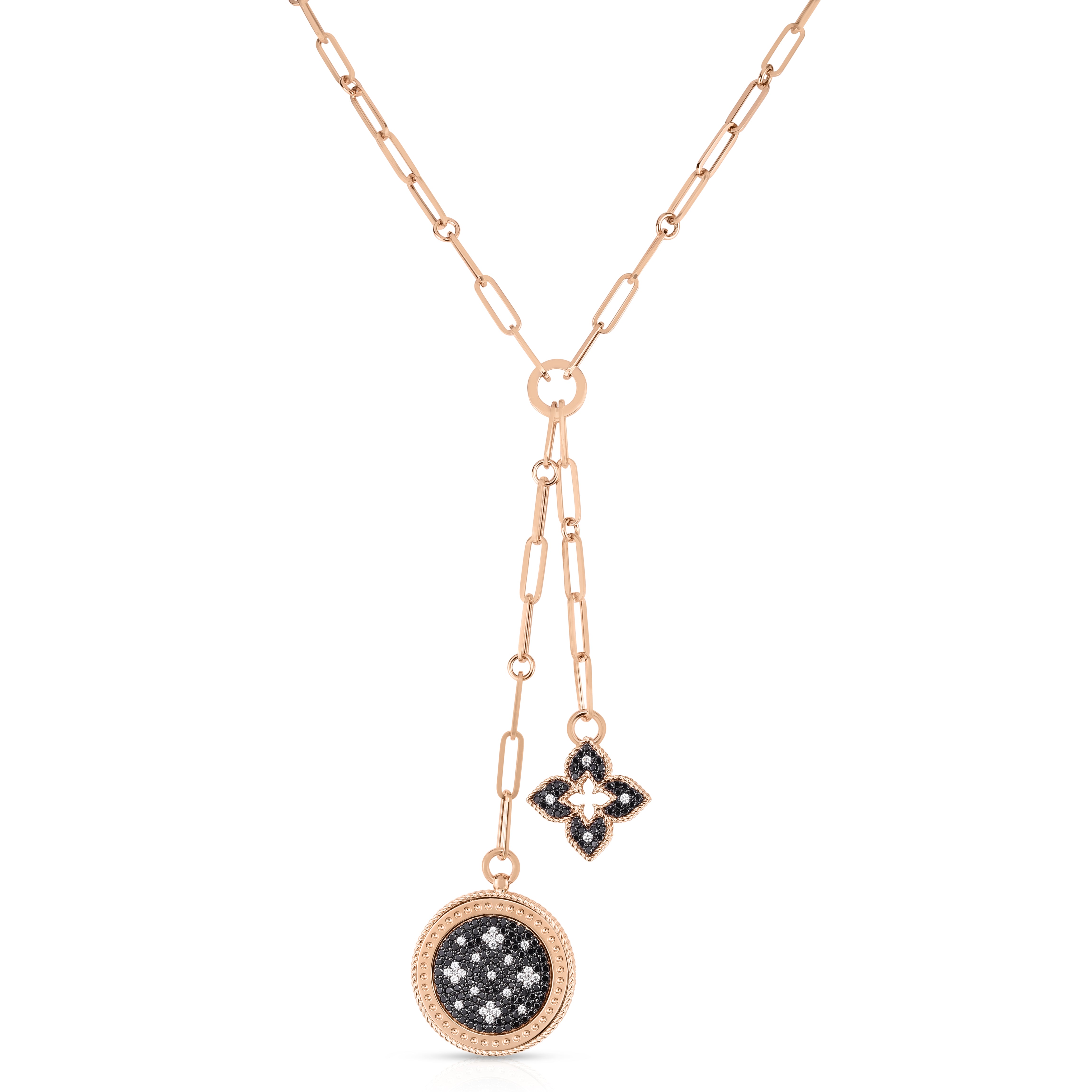 18K ROSE GOLD VENETIAN PRINCESS BLACK & WHITE DIAMOND DOUBLE MEDALLION NECKLACE