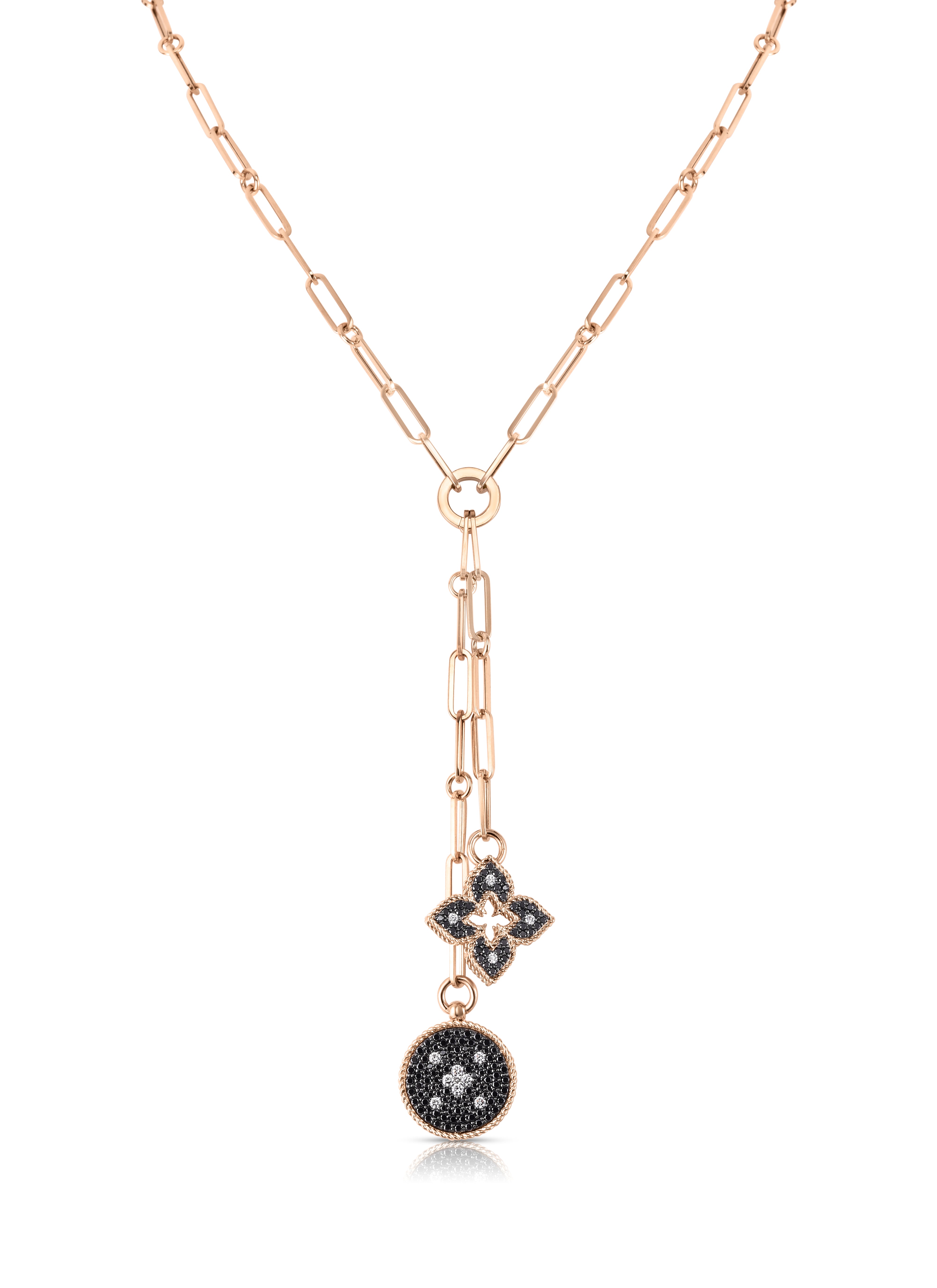 18K ROSE GOLD VENETIAN PRINCESS BLACK & WHITE DIAMOND DOUBLE MEDALLION NECKLACE
