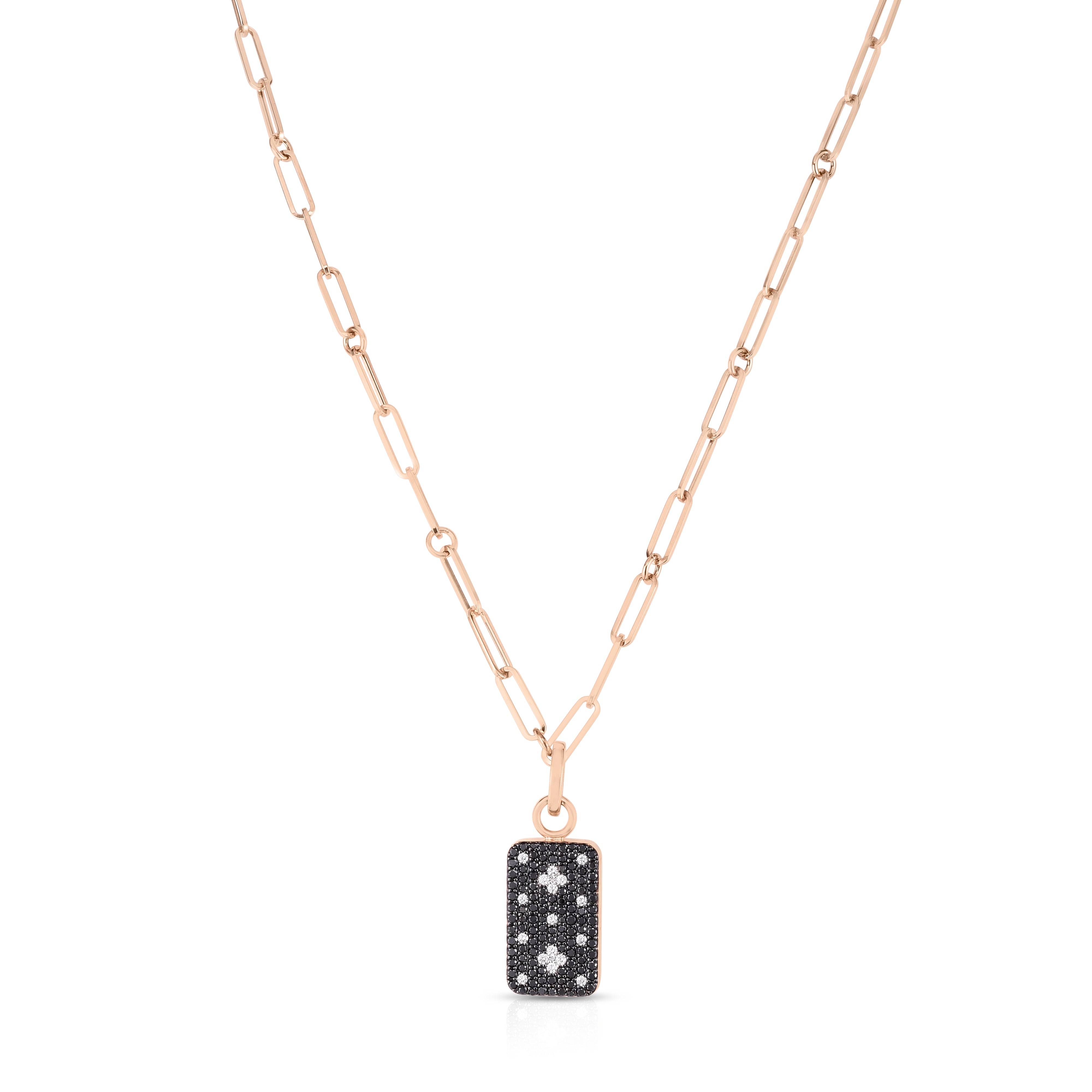 18K ROSE VENETIAN PRINCESS BLACK & WHITE DIAMOND DOG TAG MEDALLION NECKLACE