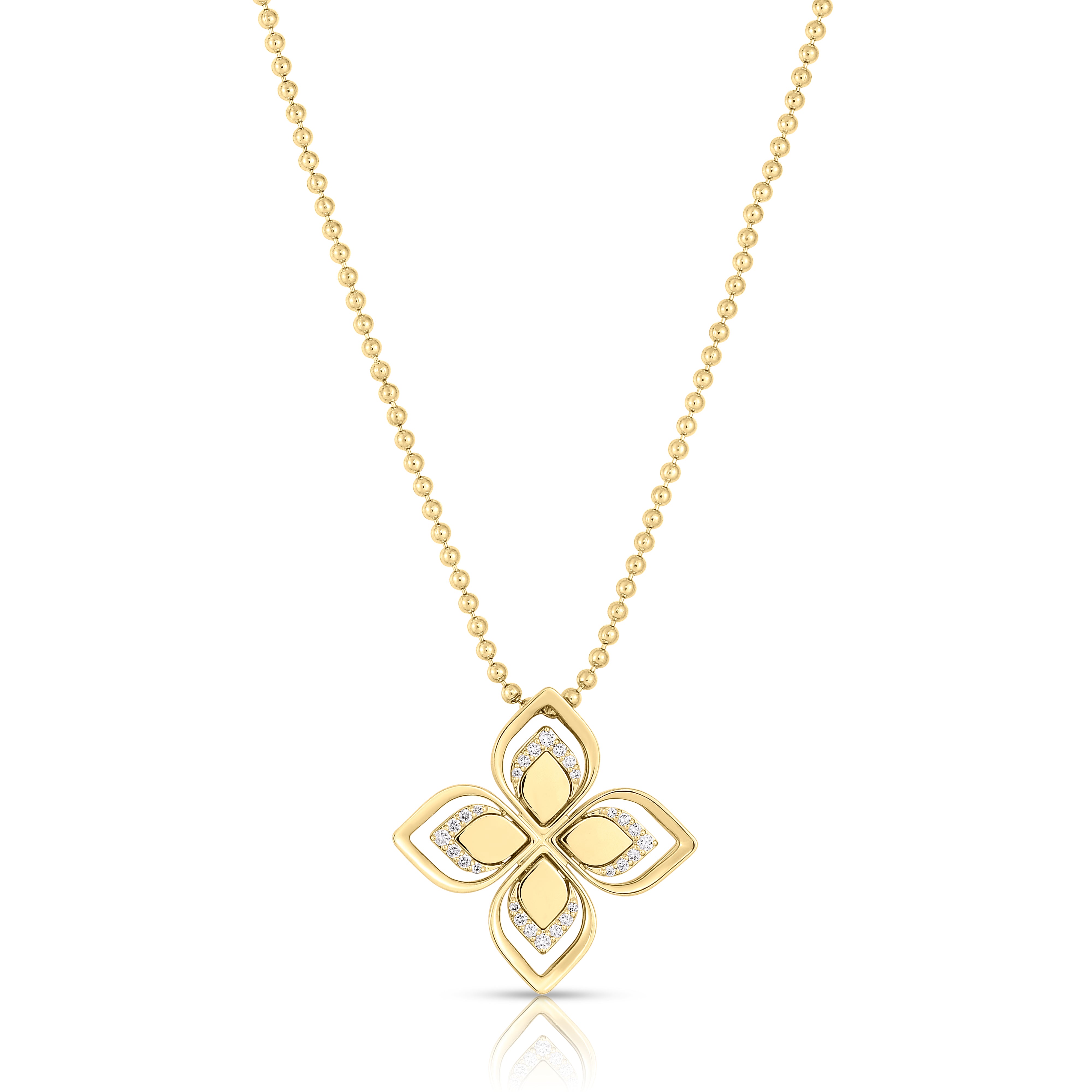 18K YELLOW GOLD VENETIAN PRINCESS OPEN FRAME DIAMOND FLOWER NECKLACE