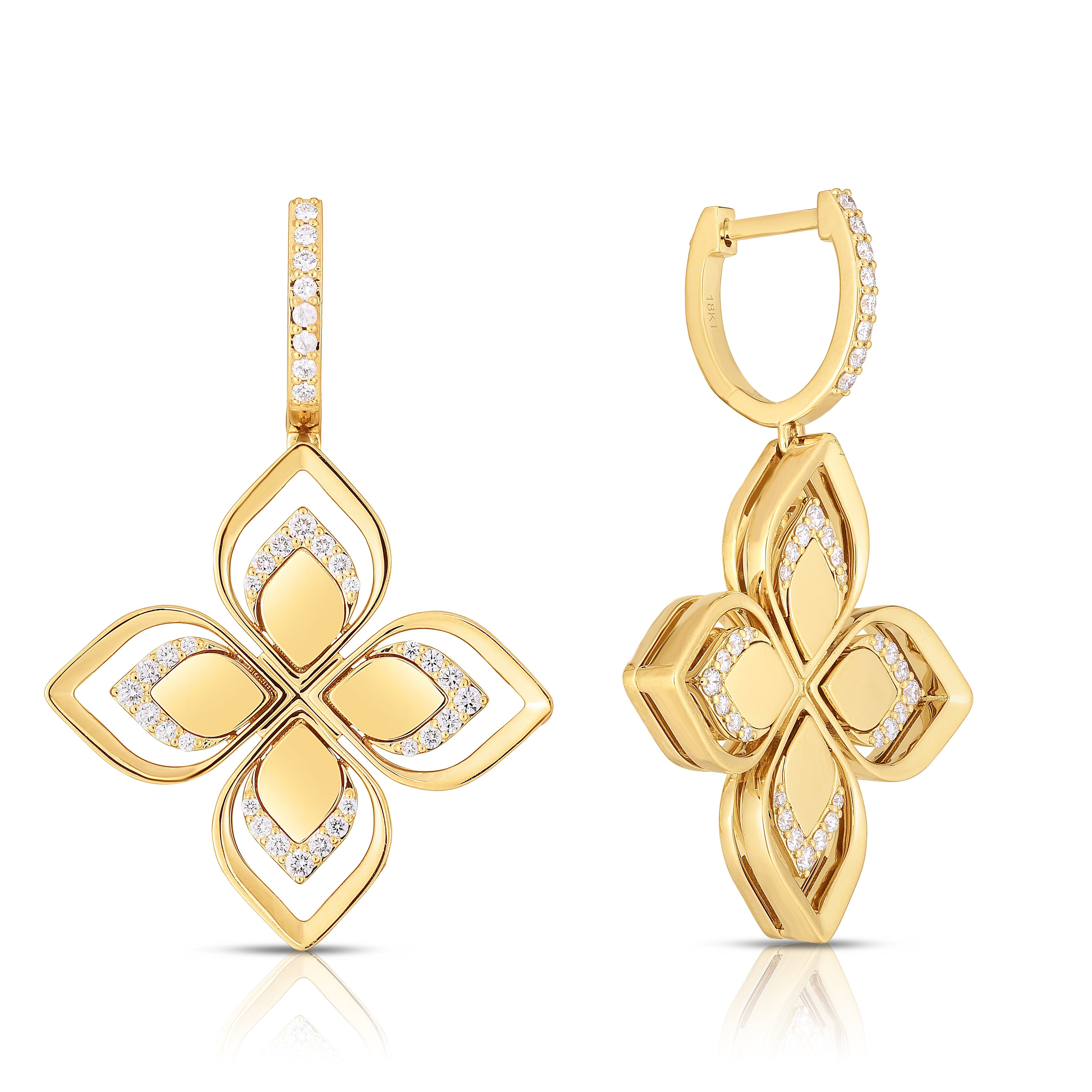 18K YELLOW GOLD VENETIAN PRINCESS OPEN FRAME DIAMOND FLOWER EARRINGS