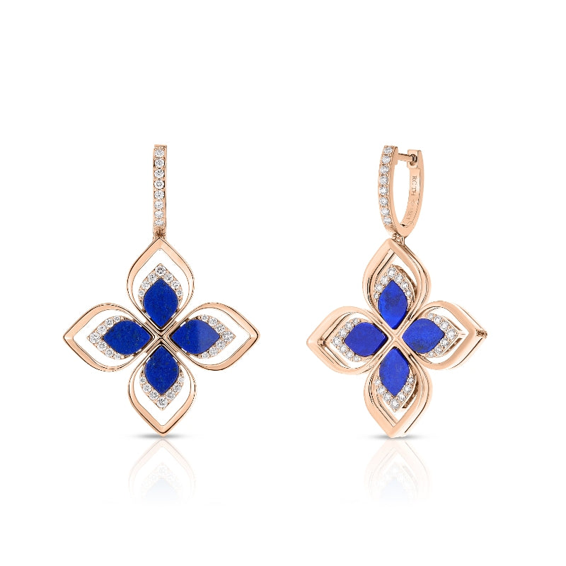 18K ROSE GOLD VENETIAN PRINCESS LARGE OPEN FRAME DIAMOND & LAPIS FLOWER DROP EARRINGS