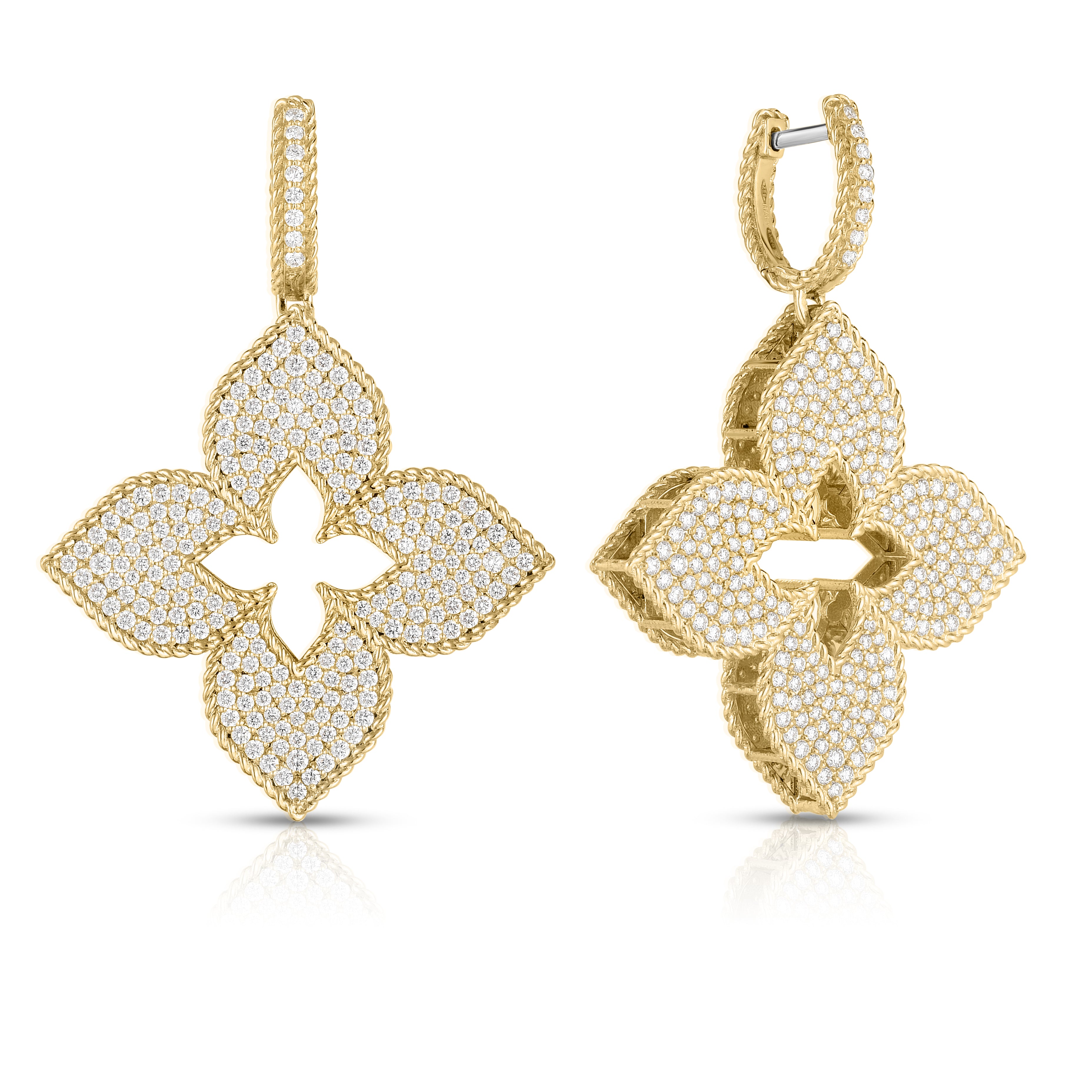 18K YELLOW GOLD VENETIAN PRINCESS LARGE PAVE DIAMOND FLOWER DROP EARRINGS