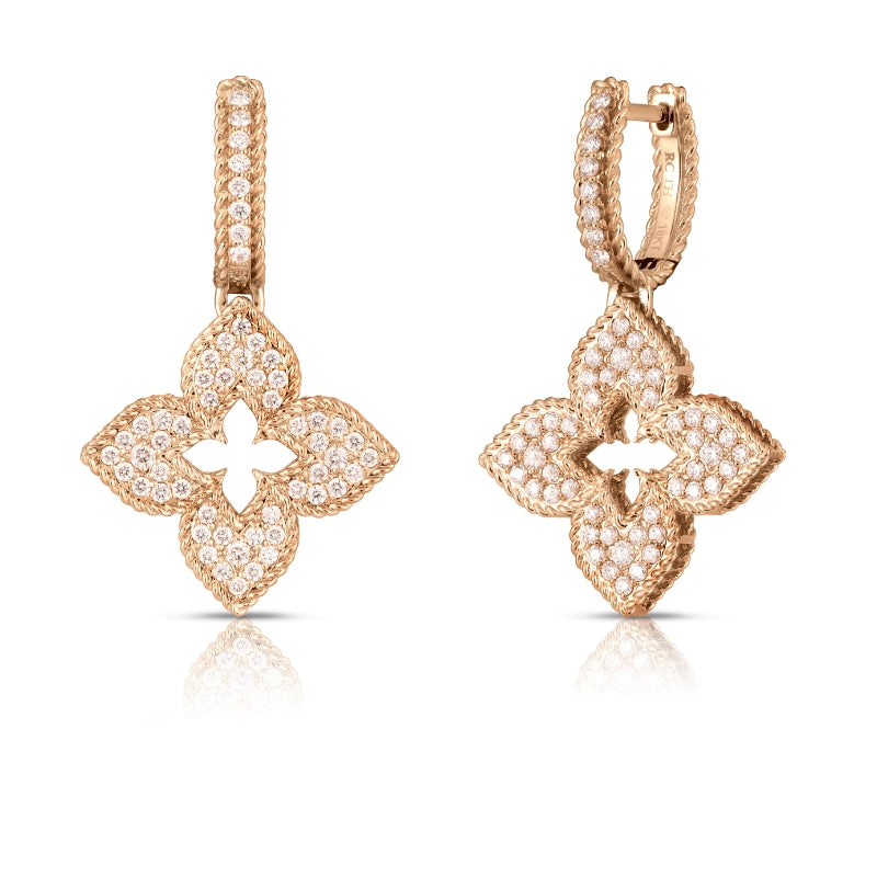 18K ROSE GOLD VENETIAN PRINCESS LARGE PAVE DIAMOND FLOWER DROP EARRINGS