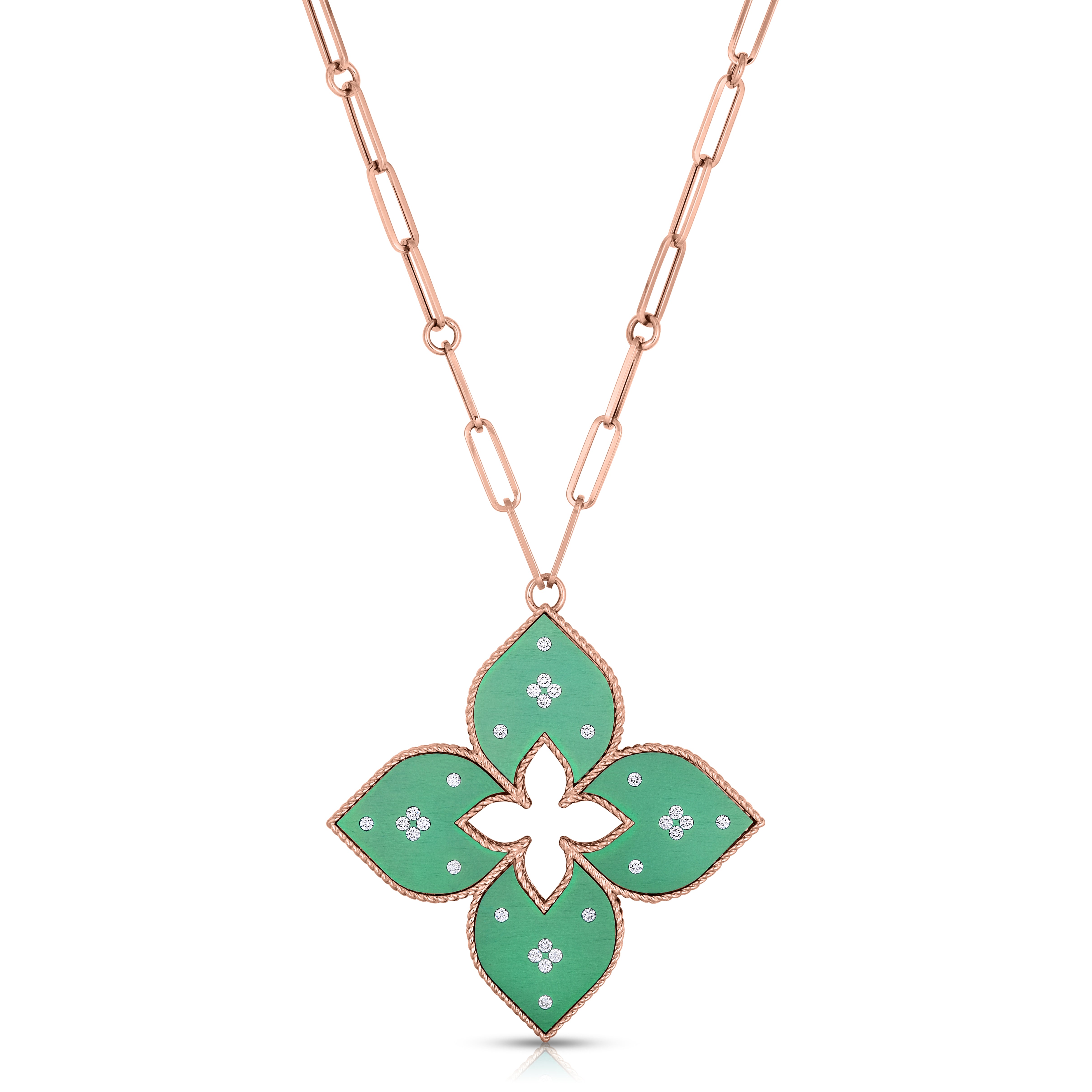 18K ROSE GOLD VENETIAN PRINCESS LARGE DIAMOND & GREEN TITANIUM FLOWER LONG NECKLACE