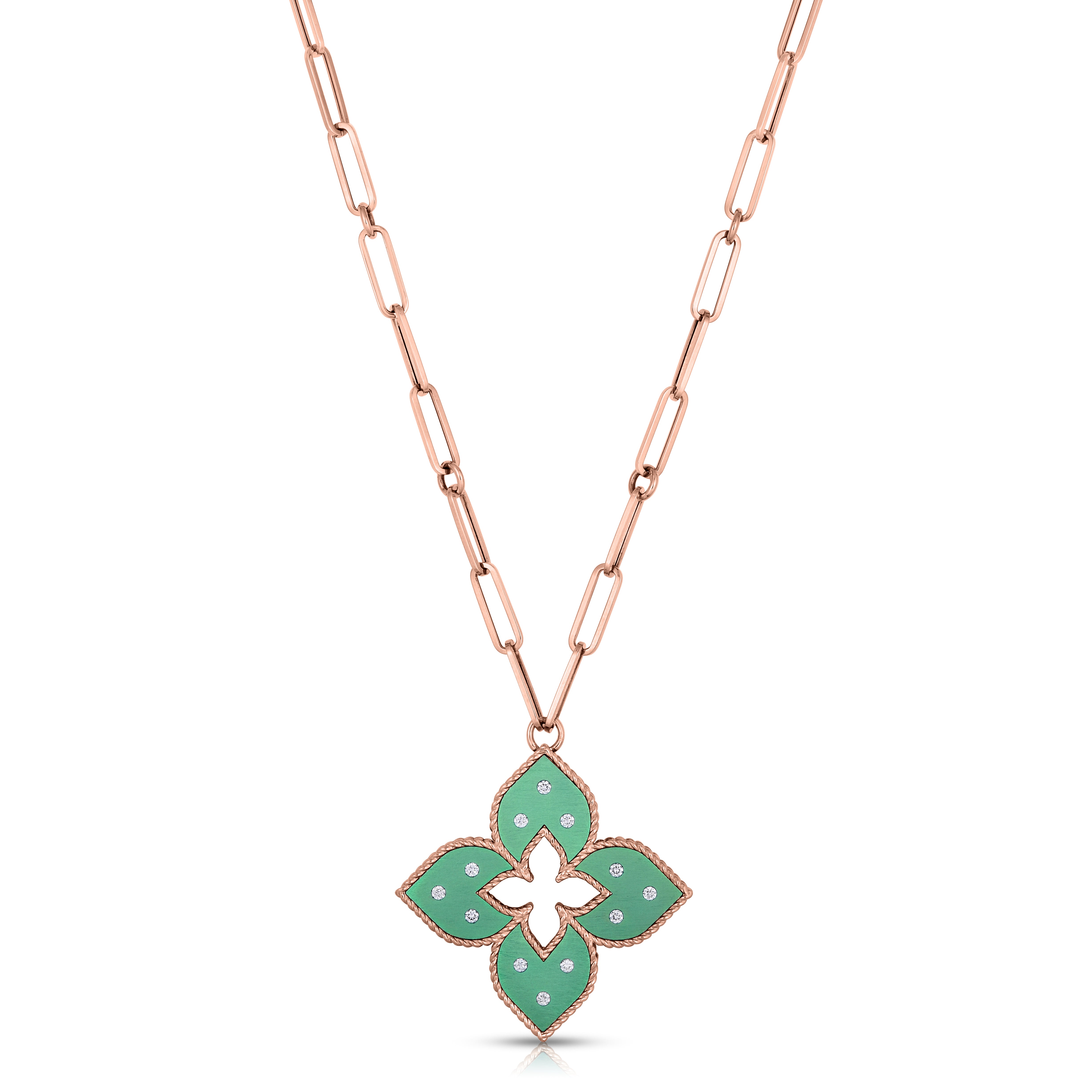 18K ROSE GOLD VENETIAN PRINCESS MEDIUM DIAMOND & GREEN TITANIUM FLOWER LONG NECKLACE