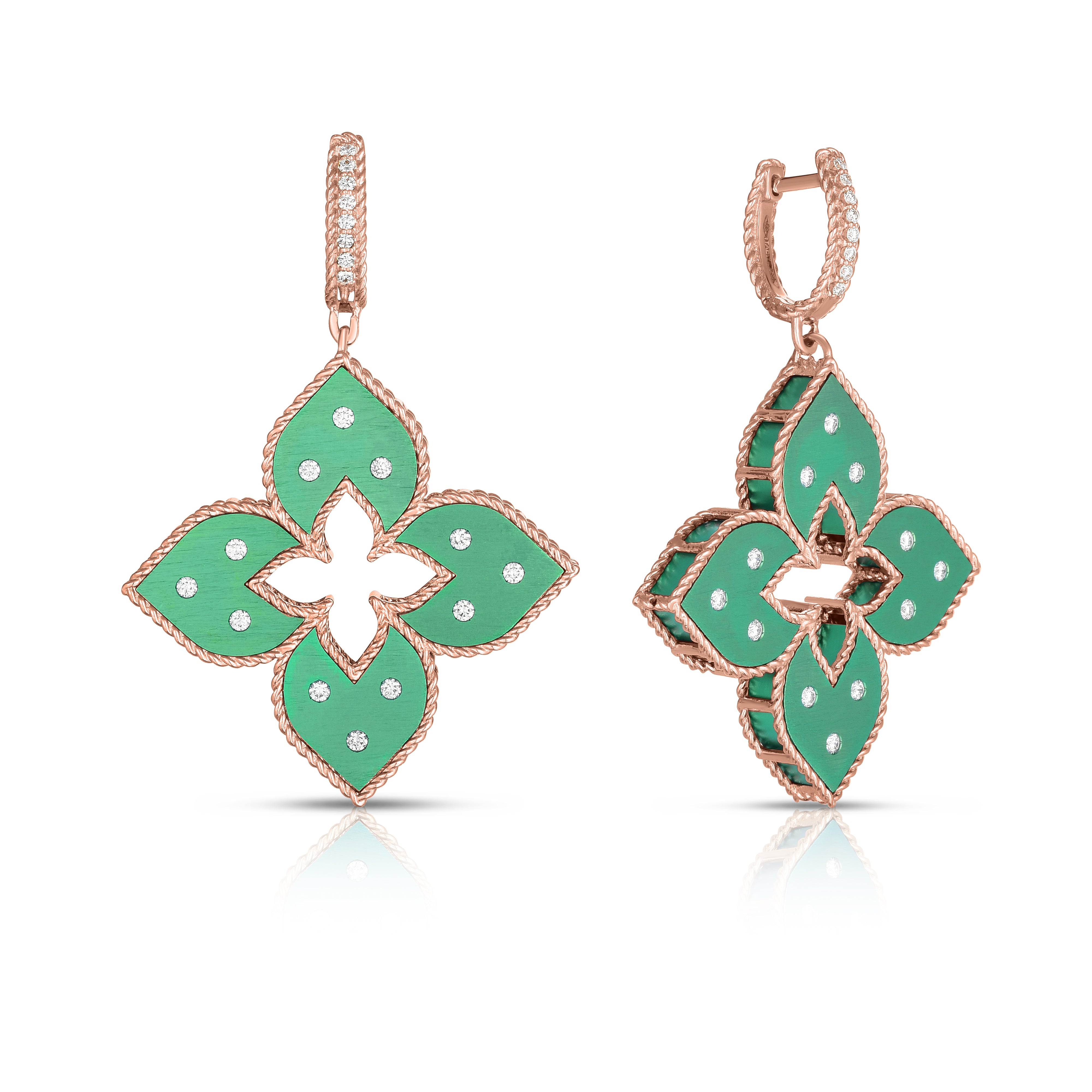 18K ROSE GOLD VENETIAN PRINCESS MEDIUM DIAMOND & GREEN TITANIUM FLOWER EARRINGS