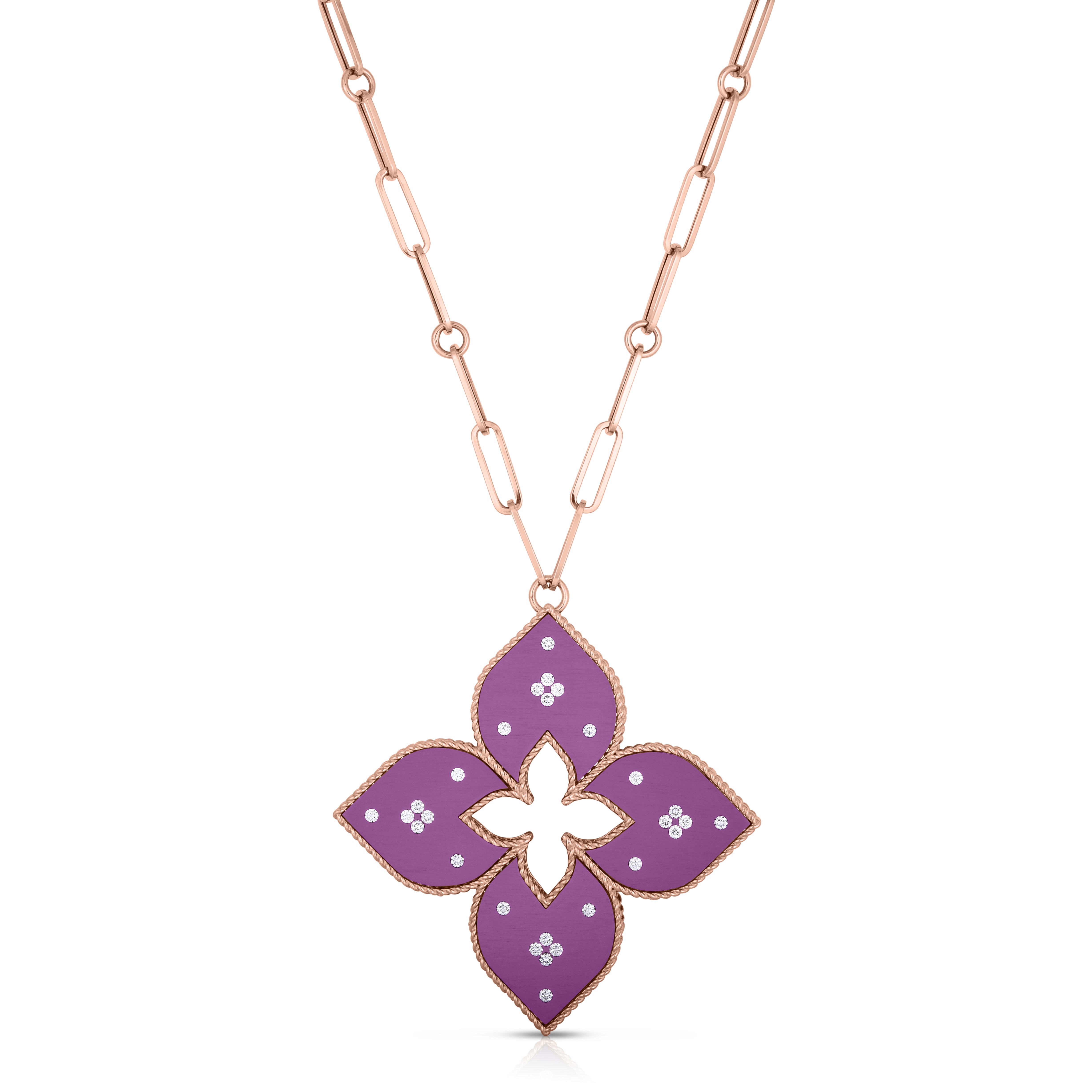 18K ROSE GOLD VENETIAN PRINCESS LARGE DIAMOND & PURPLE TITANIUM FLOWER LONG NECKLACE