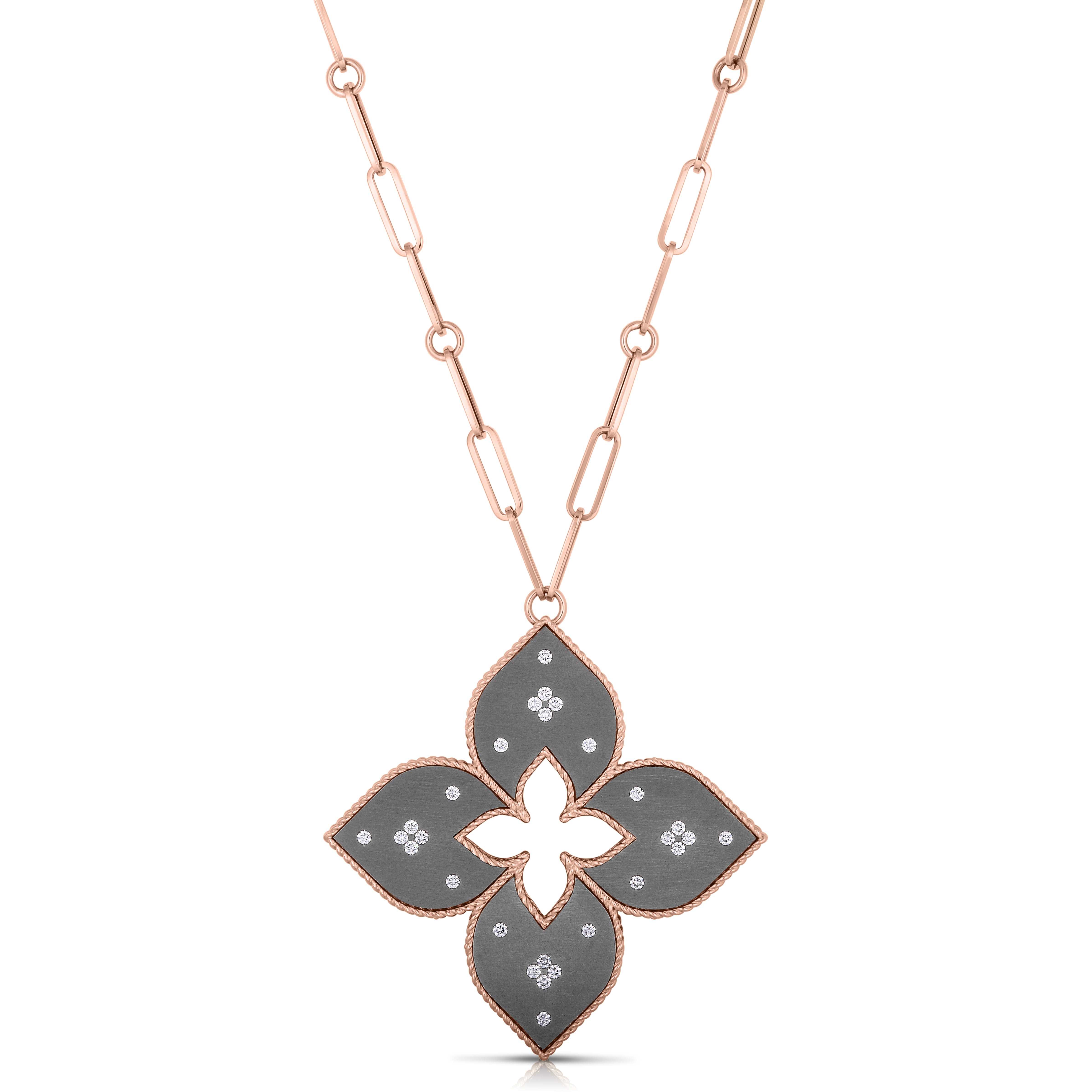 18K ROSE GOLD VENETIAN PRINCESS LARGE DIAMOND & GRAY TITANIUM FLOWER LONG NECKLACE