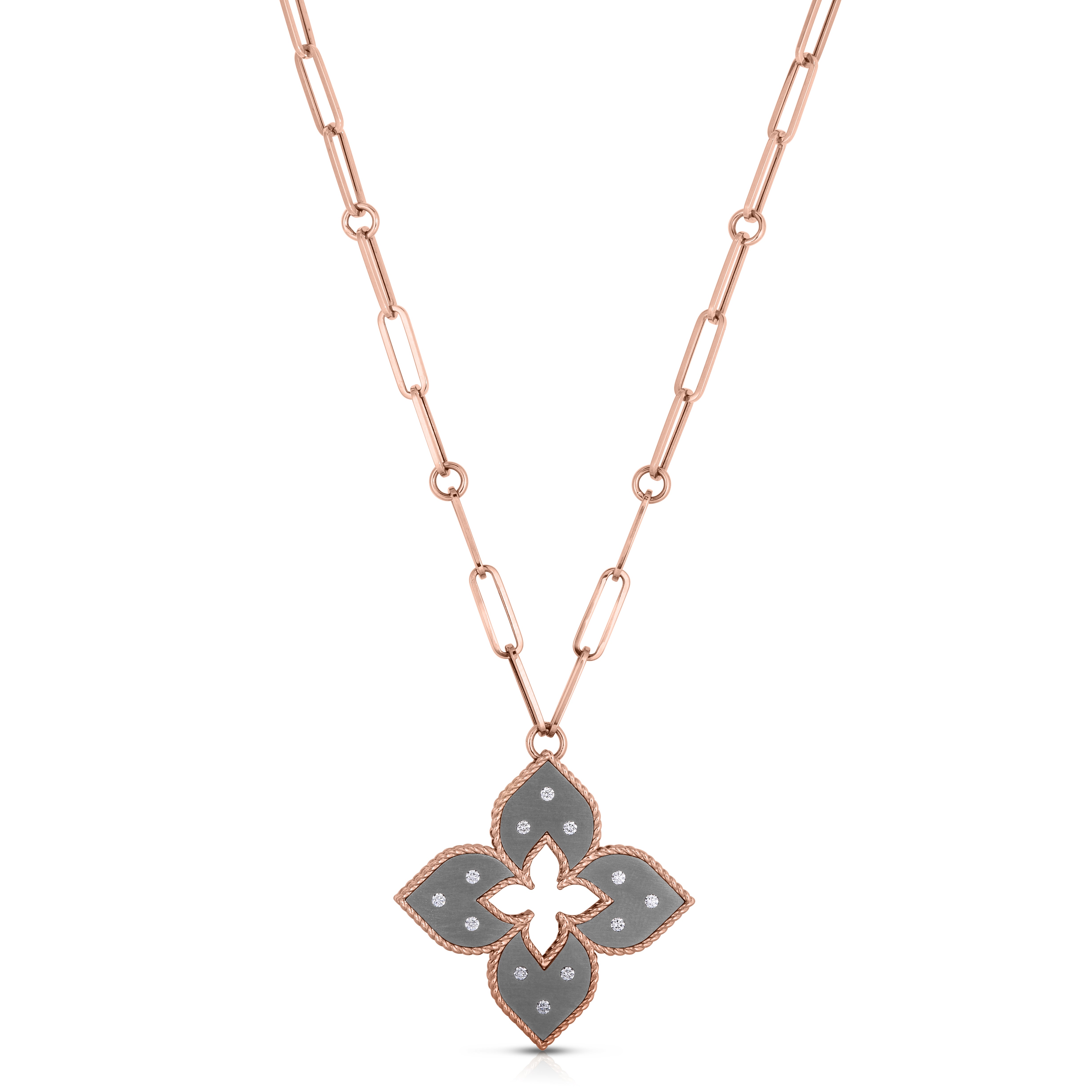 18K ROSE GOLD VENETIAN PRINCESS MEDIUM DIAMOND & GRAY TITANIUM FLOWER LONG NECKLACE