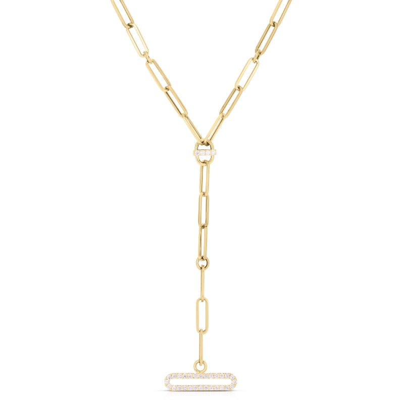 18K YELLOW DESIGNER GOLD PAPERCLIP DIAMOND DANGLE NECKLACE