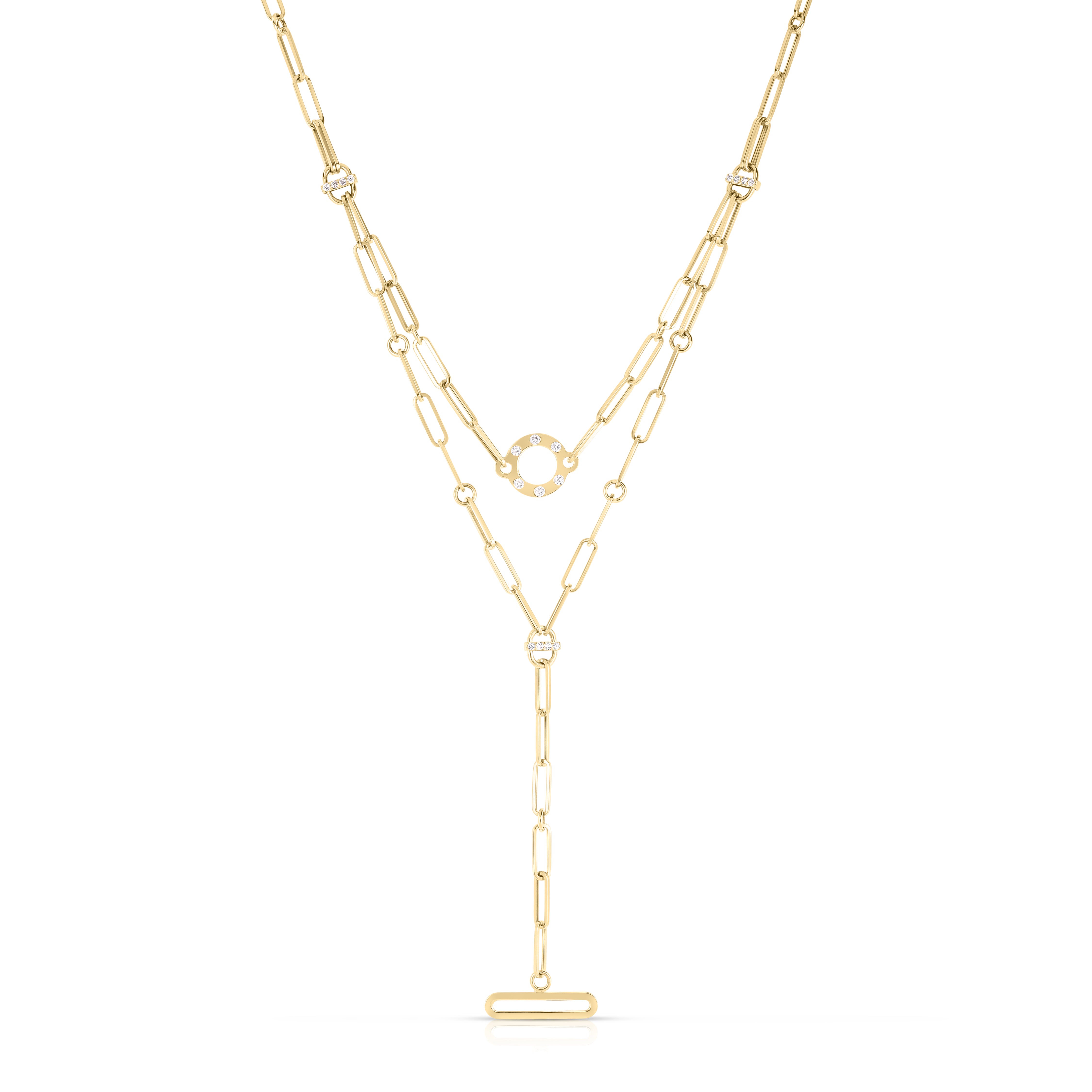 18K YELLOW DESIGNER GOLD DIAMOND DOUBLE DANGLE PAPERCLIP NECKLACE