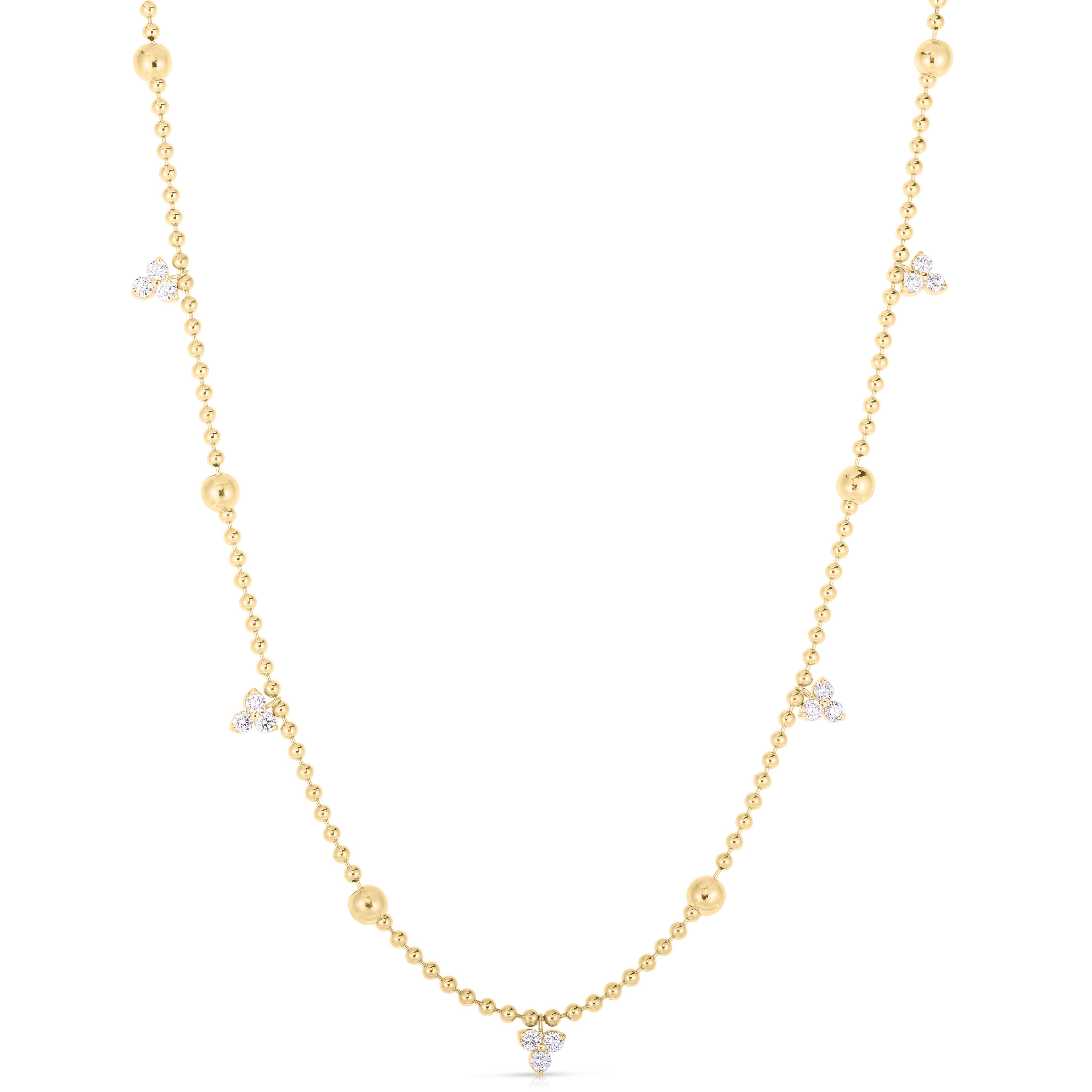 18K YELLOW GOLD LOVE BY THE YARD ALTERNATING GOLD BEAD & DIAMOND CLUSTER STATION NECKLACE
