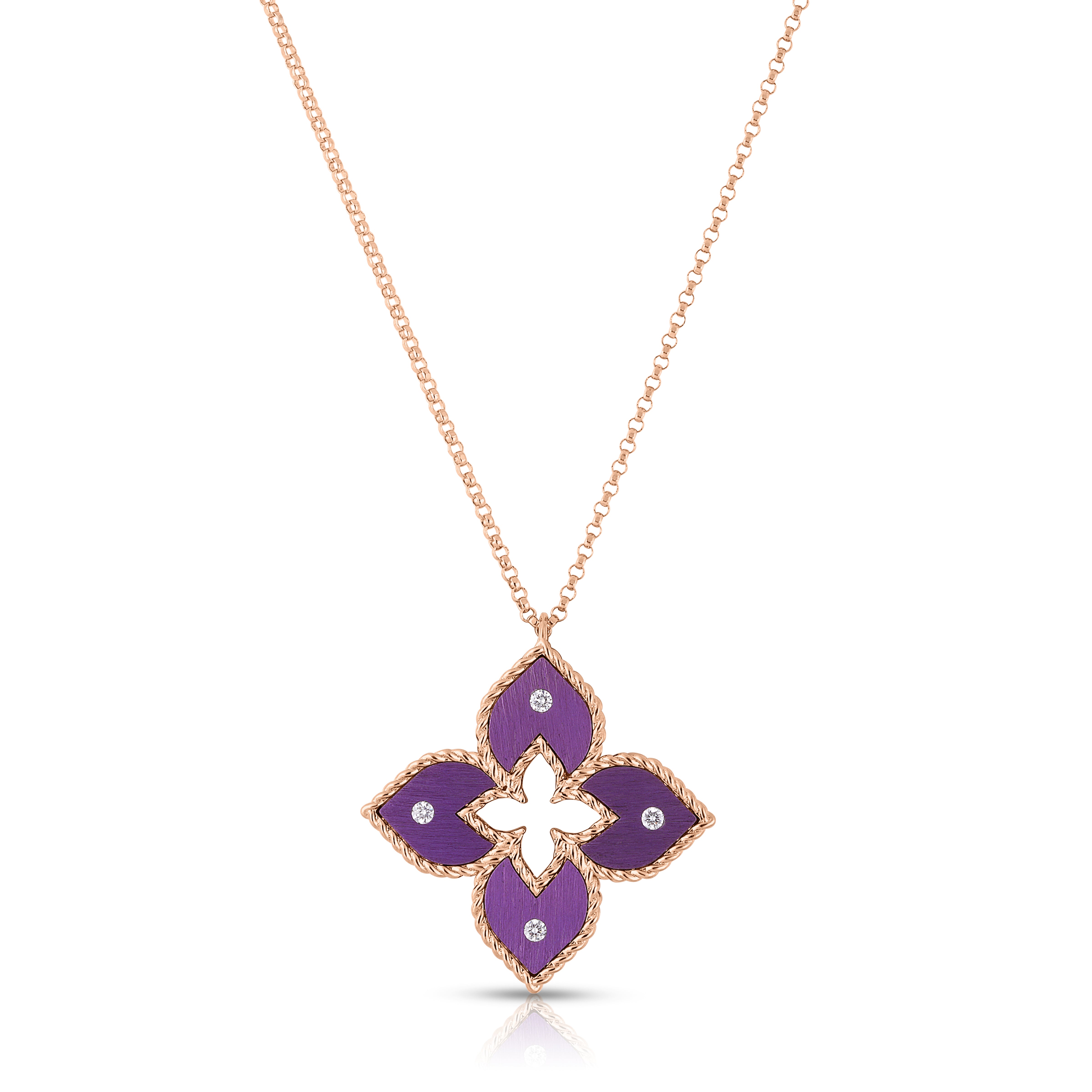 18K ROSE GOLD VENETIAN PRINCESS SMALL DIAMOND & PURPLE TITANIUM FLOWER NECKLACE