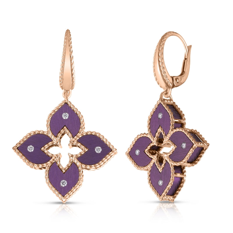 18K ROSE GOLD VENETIAN PRINCESS SMALL DIAMOND & PURPLE TITANIUM FLOWER DROP EARRINGS