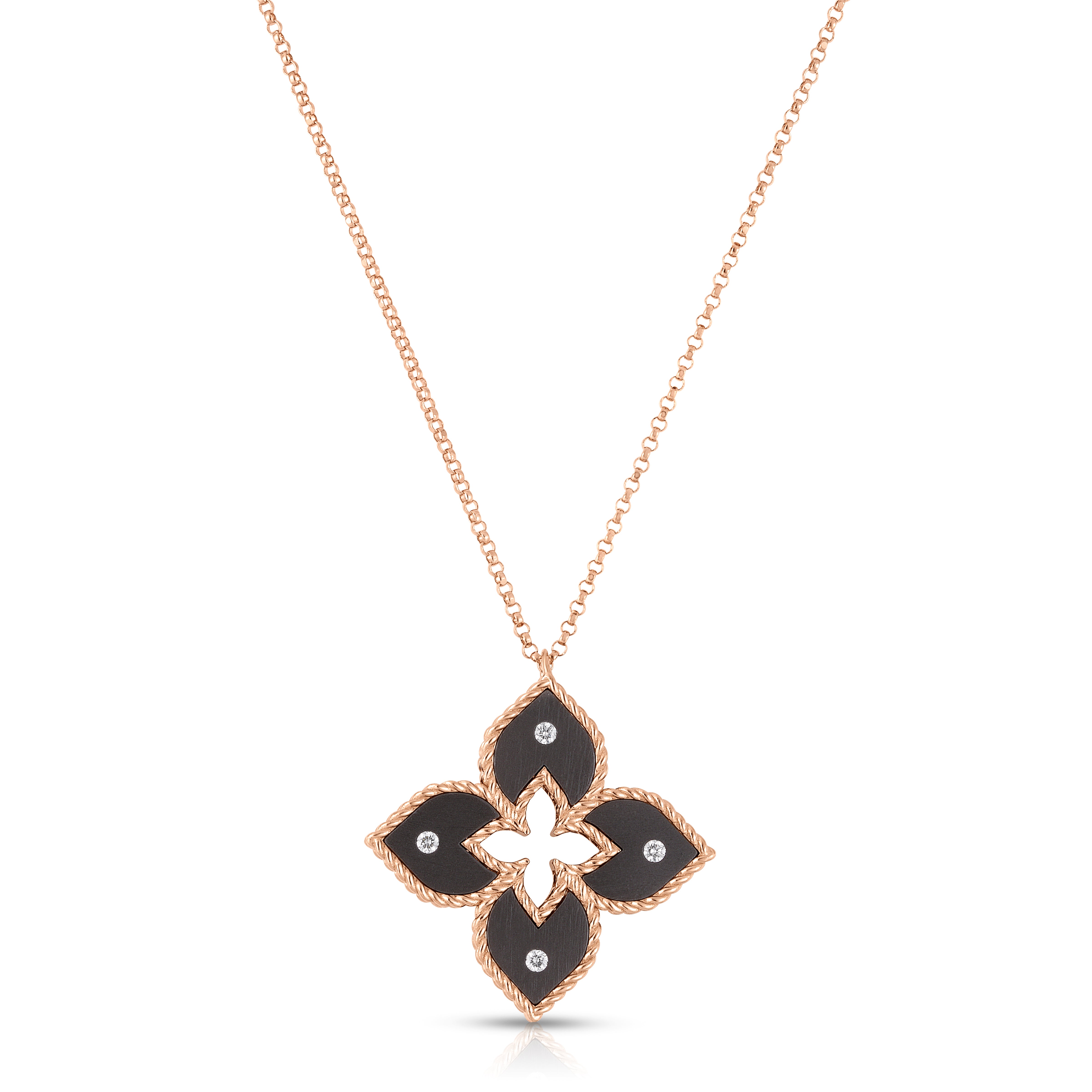 18K ROSE GOLD VENETIAN PRINCESS SMALL DIAMOND & GRAY TITANIUM FLOWER NECKLACE