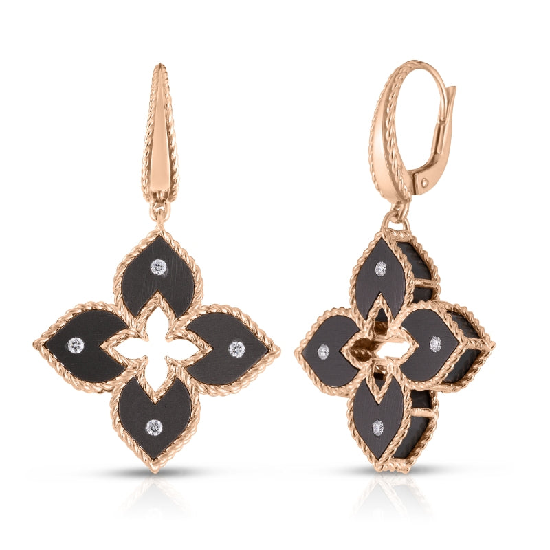 18K ROSE GOLD VENETIAN PRINCESS SMALL DIAMOND & GRAY TITANIUM FLOWER DROP EARRINGS