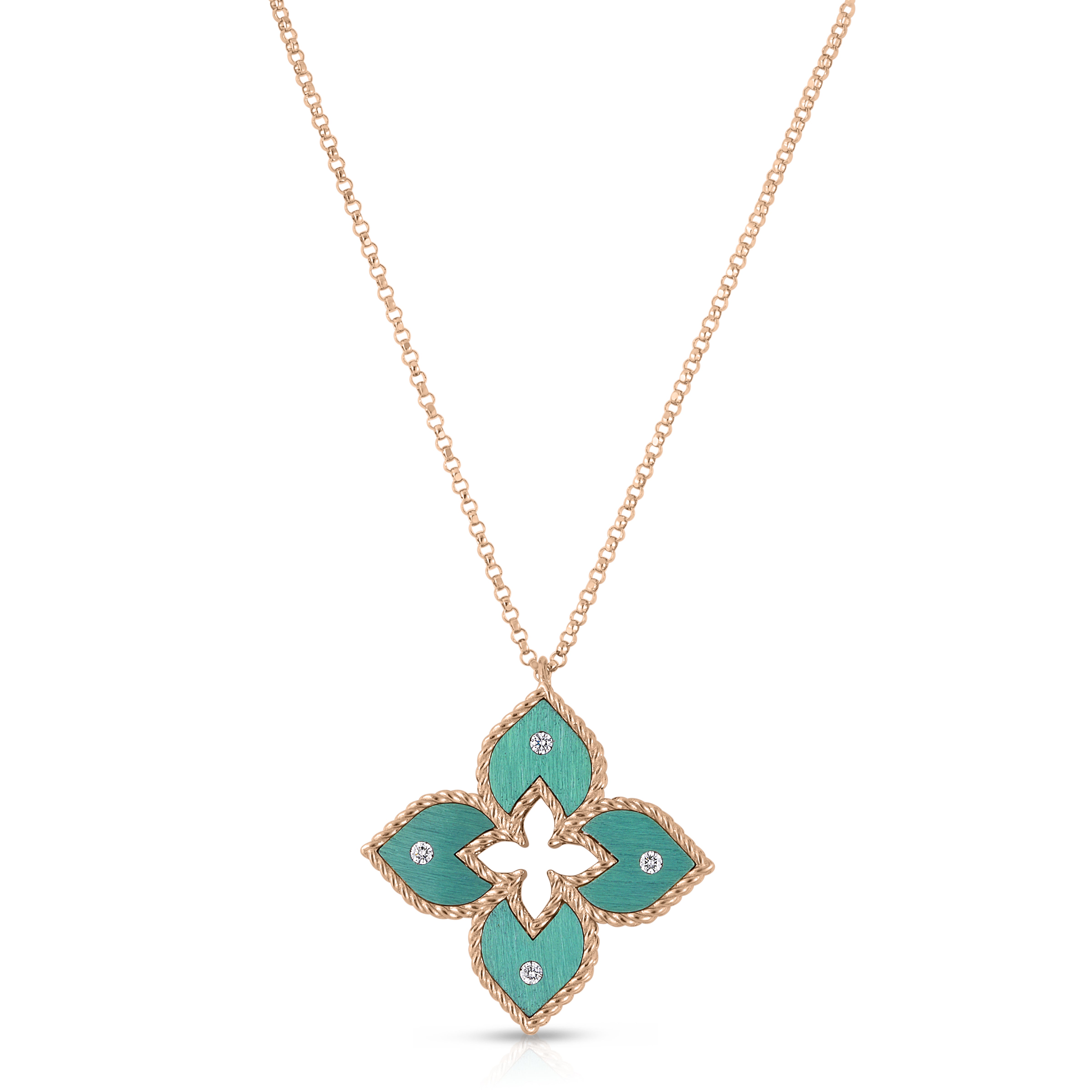 18K ROSE GOLD VENETIAN PRINCESS SMALL DIAMOND & GREEN TITANIUM FLOWER NECKLACE