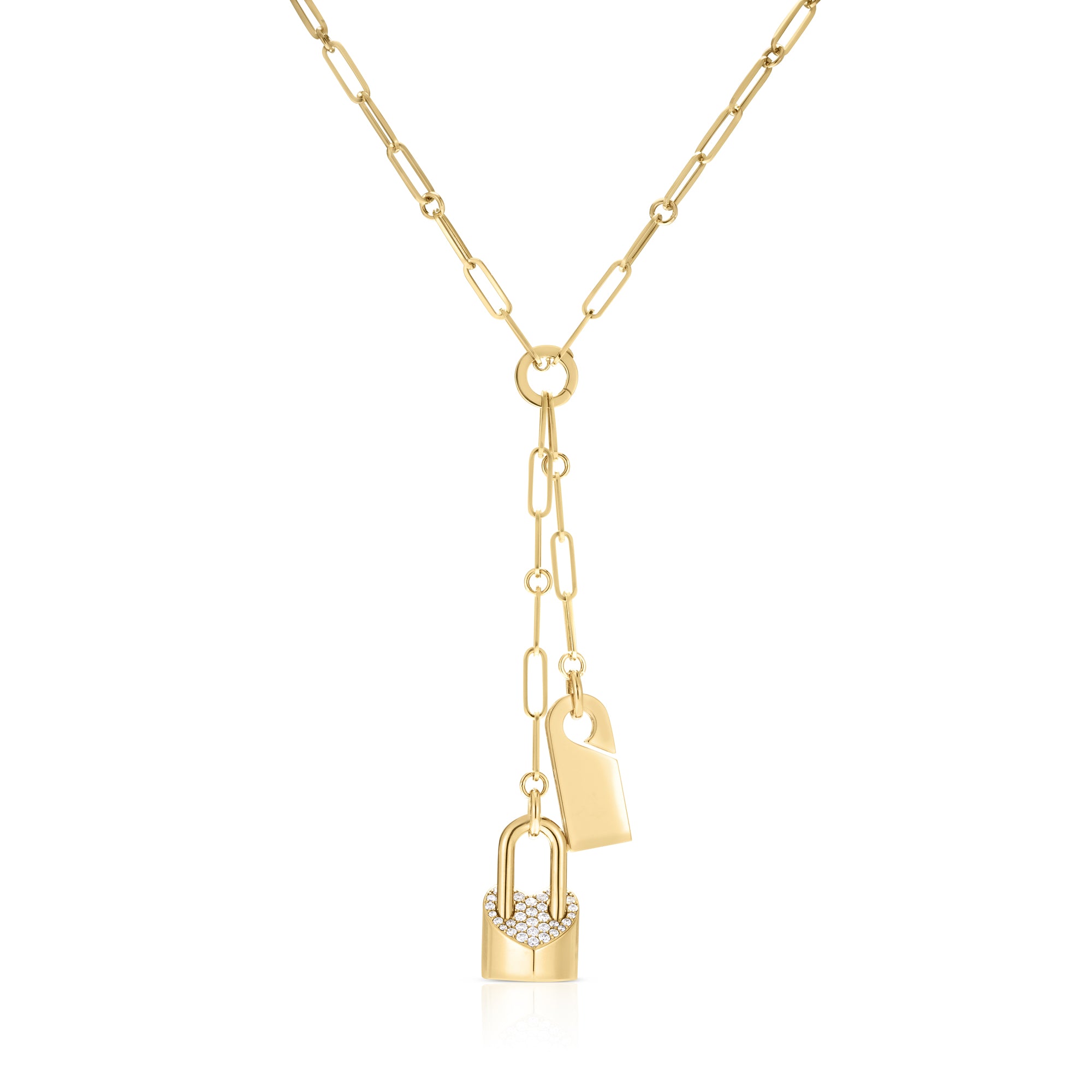 18K YELLOW DESIGNER GOLD DIAMOND LOCK & DO NOT DISTURB NECKLACE