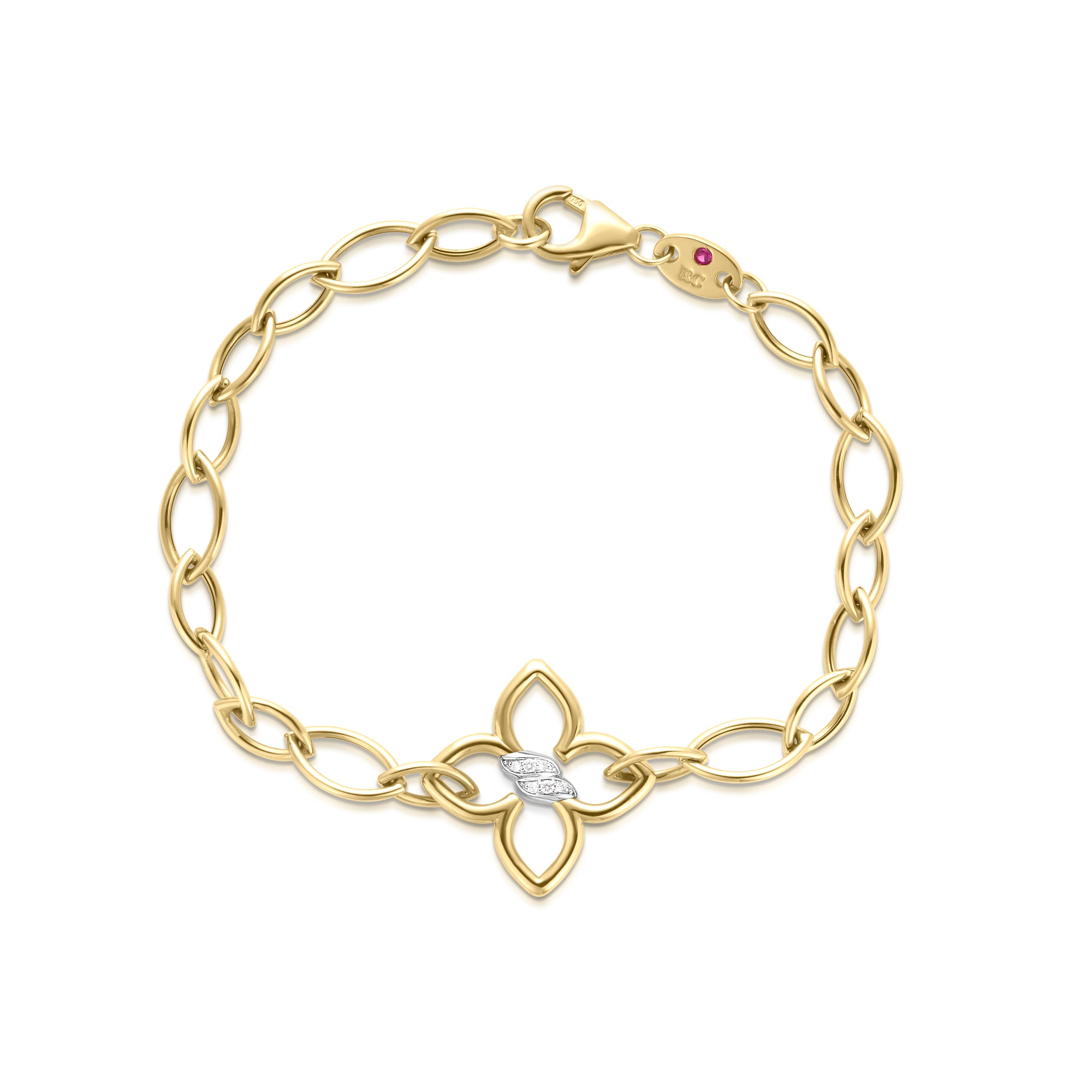 18K YELLOW/WHITE GOLD CIALOMA DIAMOND FLOWER ALMOND LINK BRACELET