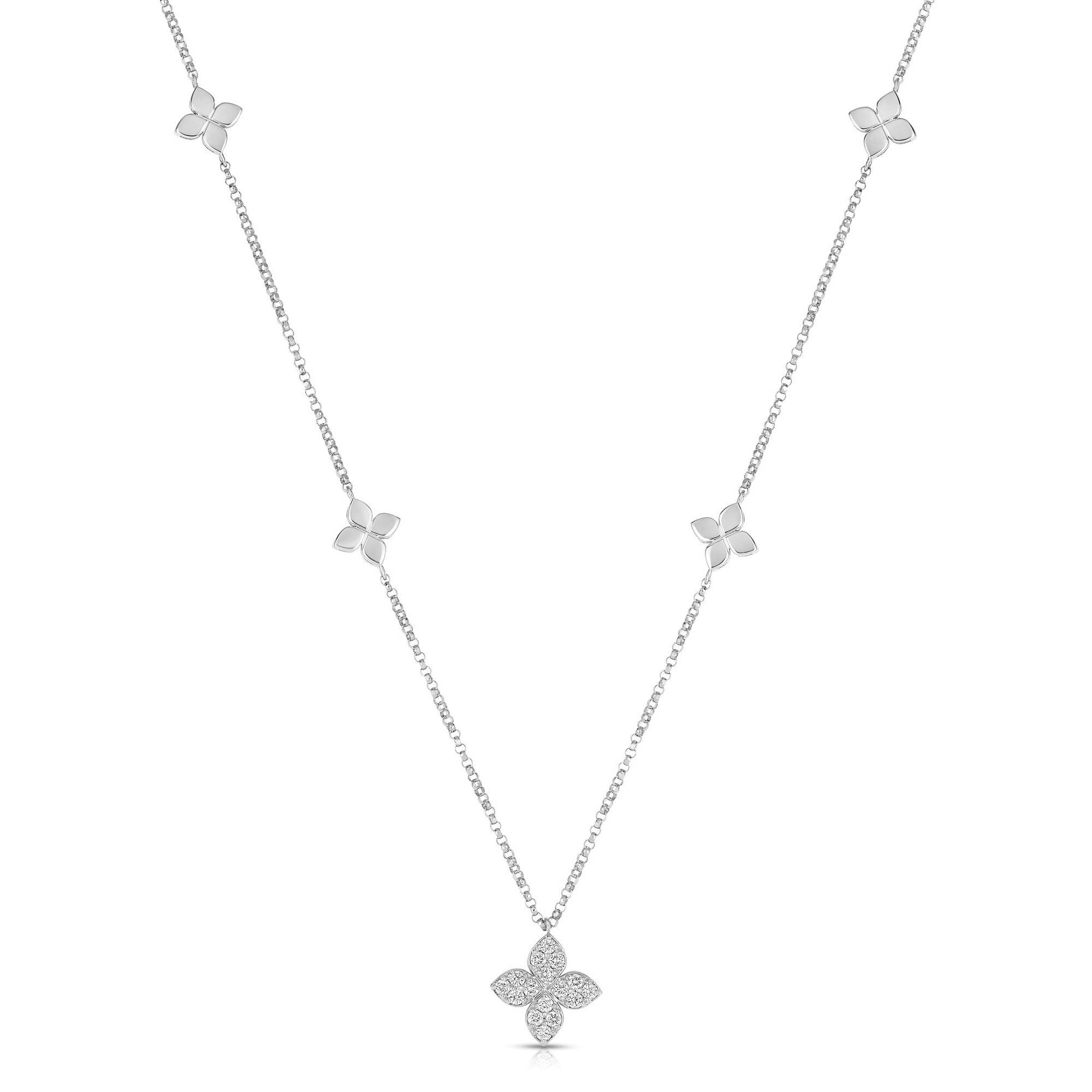 18K WHITE GOLD LOVE BY THE INCH DIAMOND & POLISHED FLOWER STATION NECKLACE