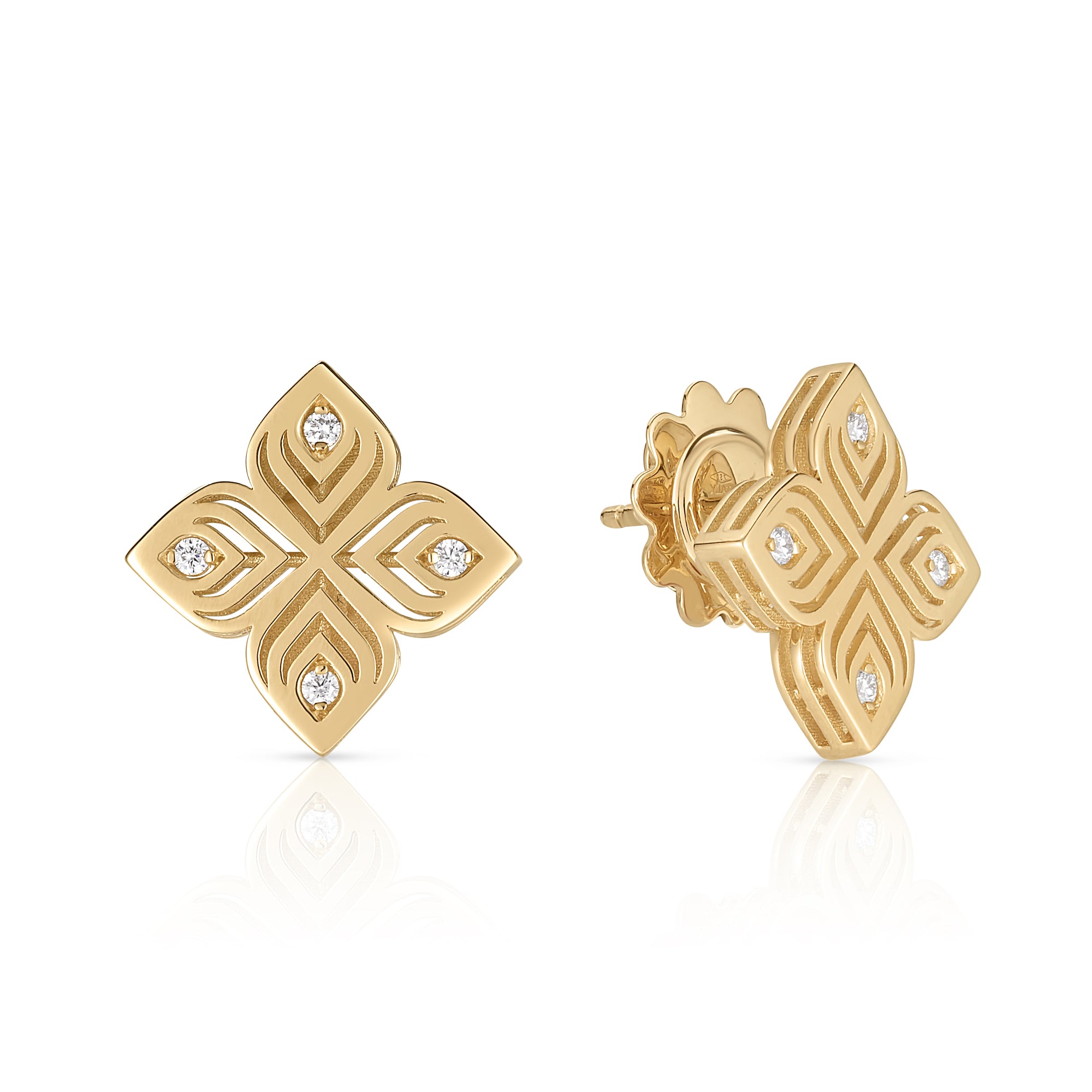 18K YELLOW GOLD ARABESQUE MEDIUM DIAMOND FLOWER EARRINGS
