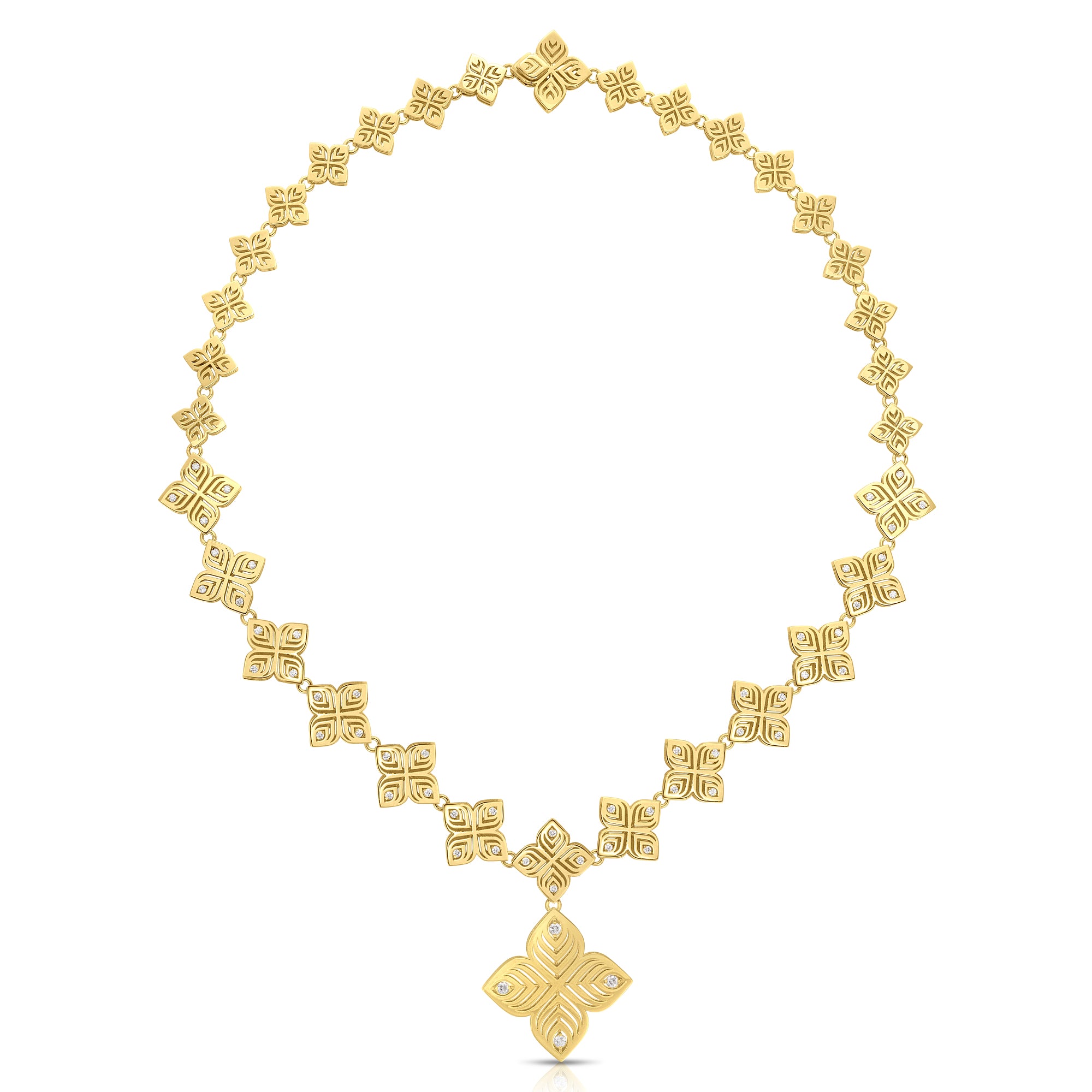 18K YELLOW GOLD ARABESQUE DIAMOND FLOWER CHAIN NECKLACE