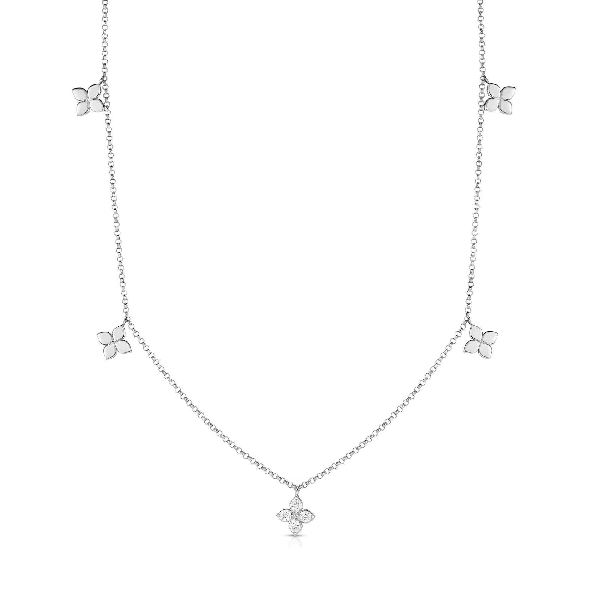 18K WHITE GOLD LOVE BY THE INCH DIAMOND & POLISHED FLOWER STATION NECKLACE