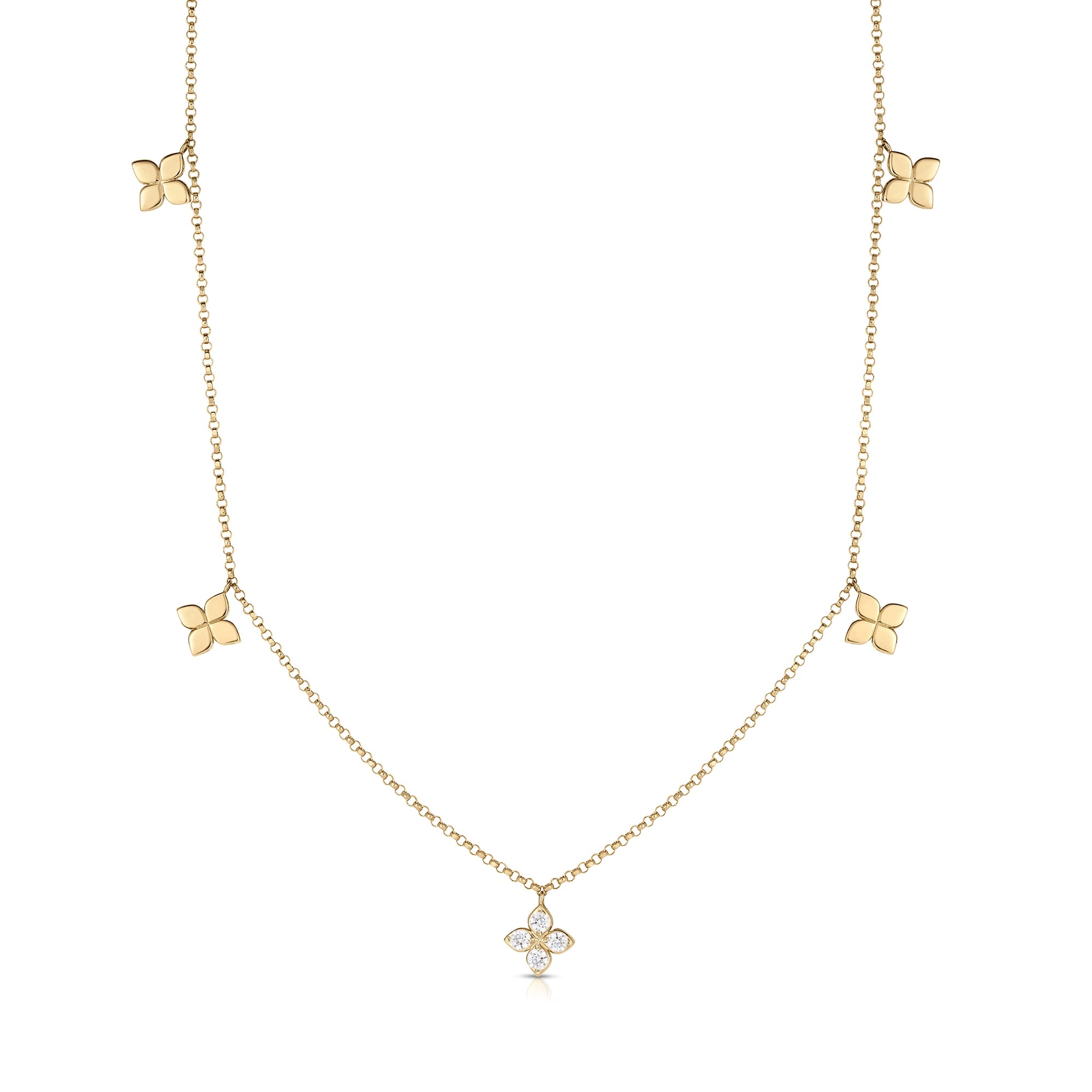 18K YELLOW GOLD LOVE BY THE INCH DIAMOND & POLISHED SMALL FLOWER STATION NECKLACE