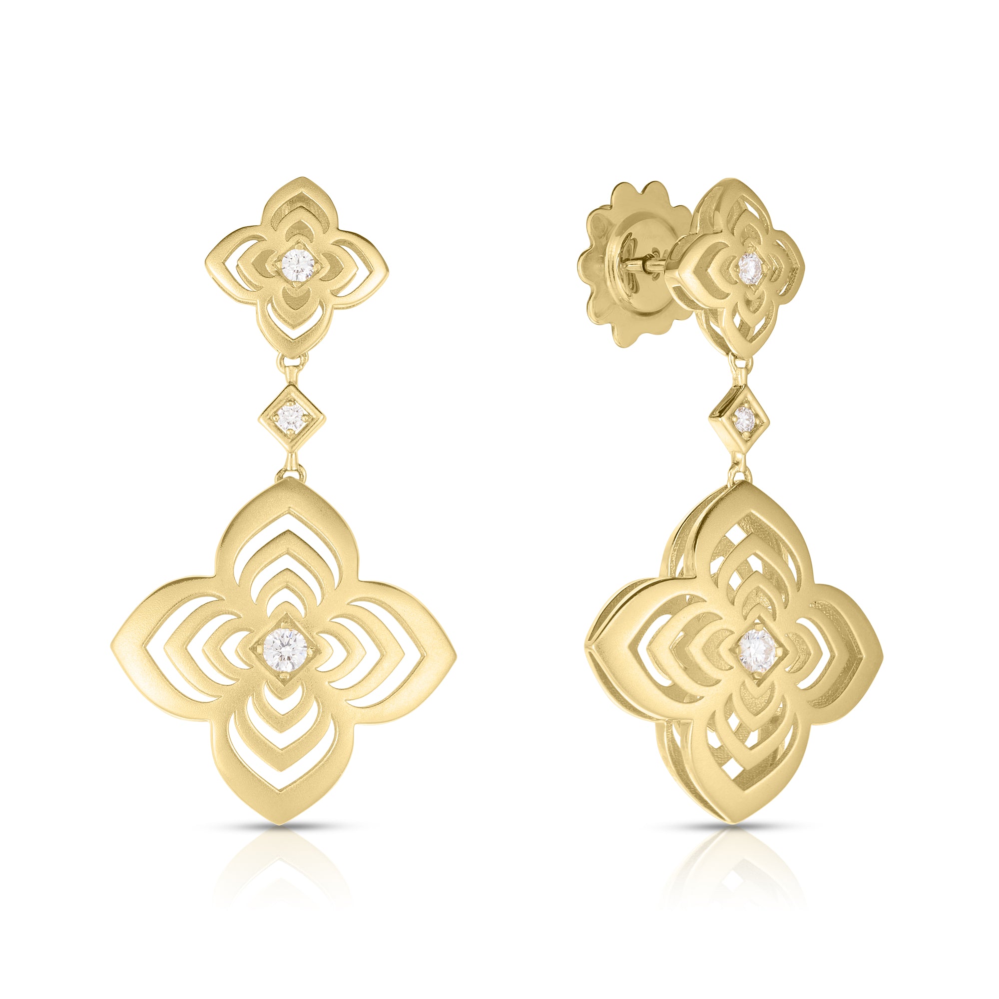 18K YELLOW GOLD PALAZZO DUCALE CARNIVAL DIAMOND & SATIN FINISH FLOWER DANGLE EARRINGS