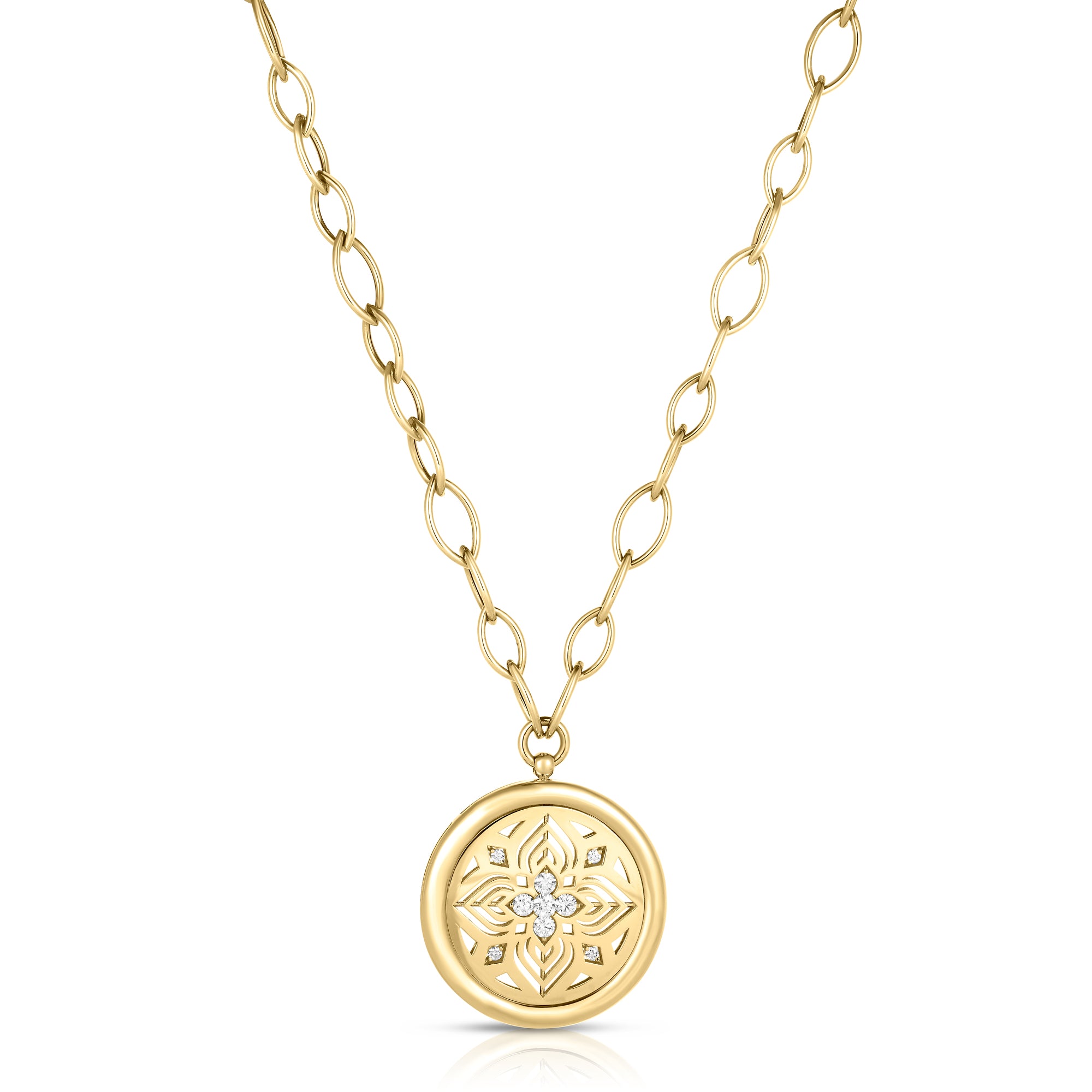 18K YELLOW GOLD ARABESQUE DIAMOND FLOWER MEDALLION NECKLACE