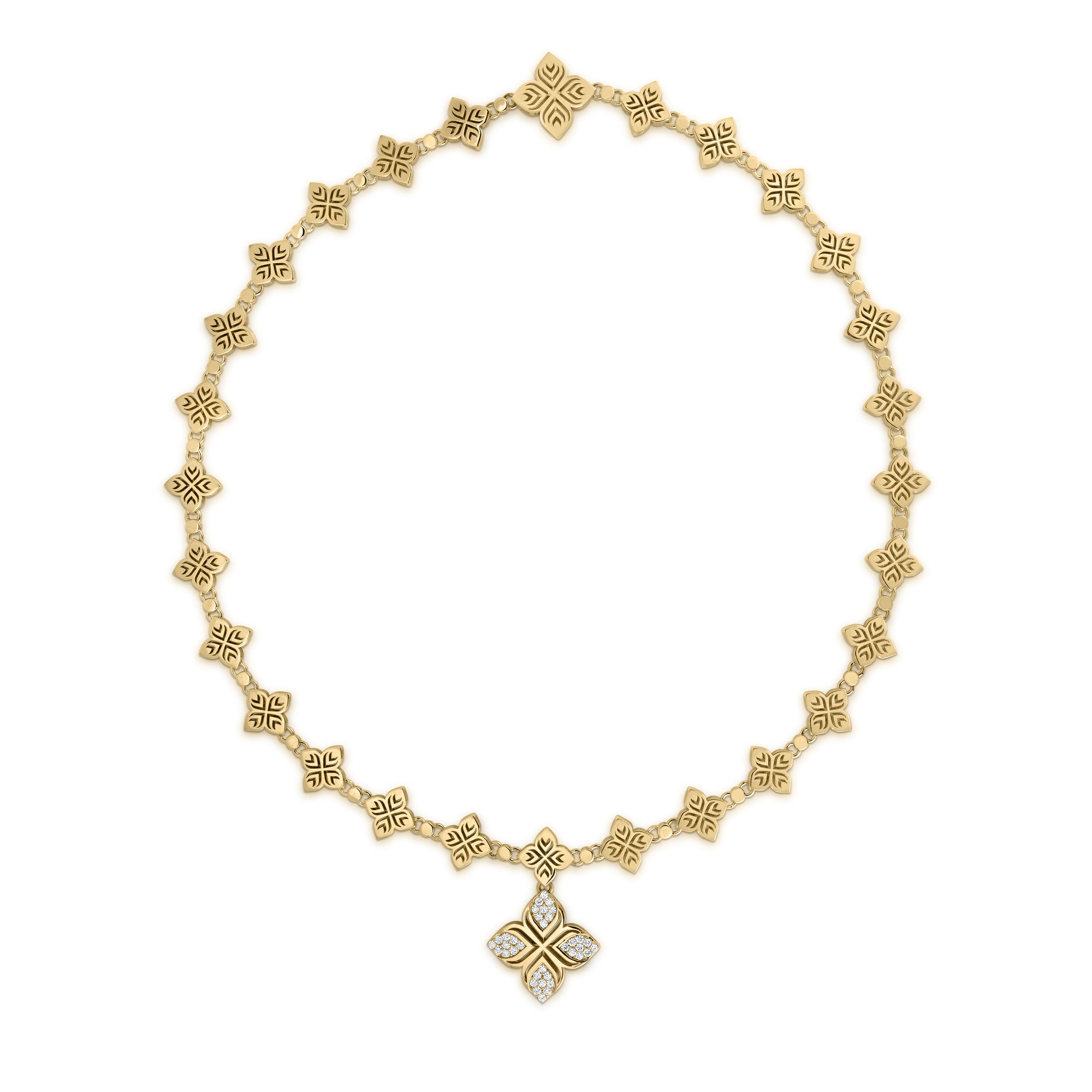 18K YELLOW GOLD ARABESQUE PAVE DIAMOND FLOWER COLLAR NECKLACE
