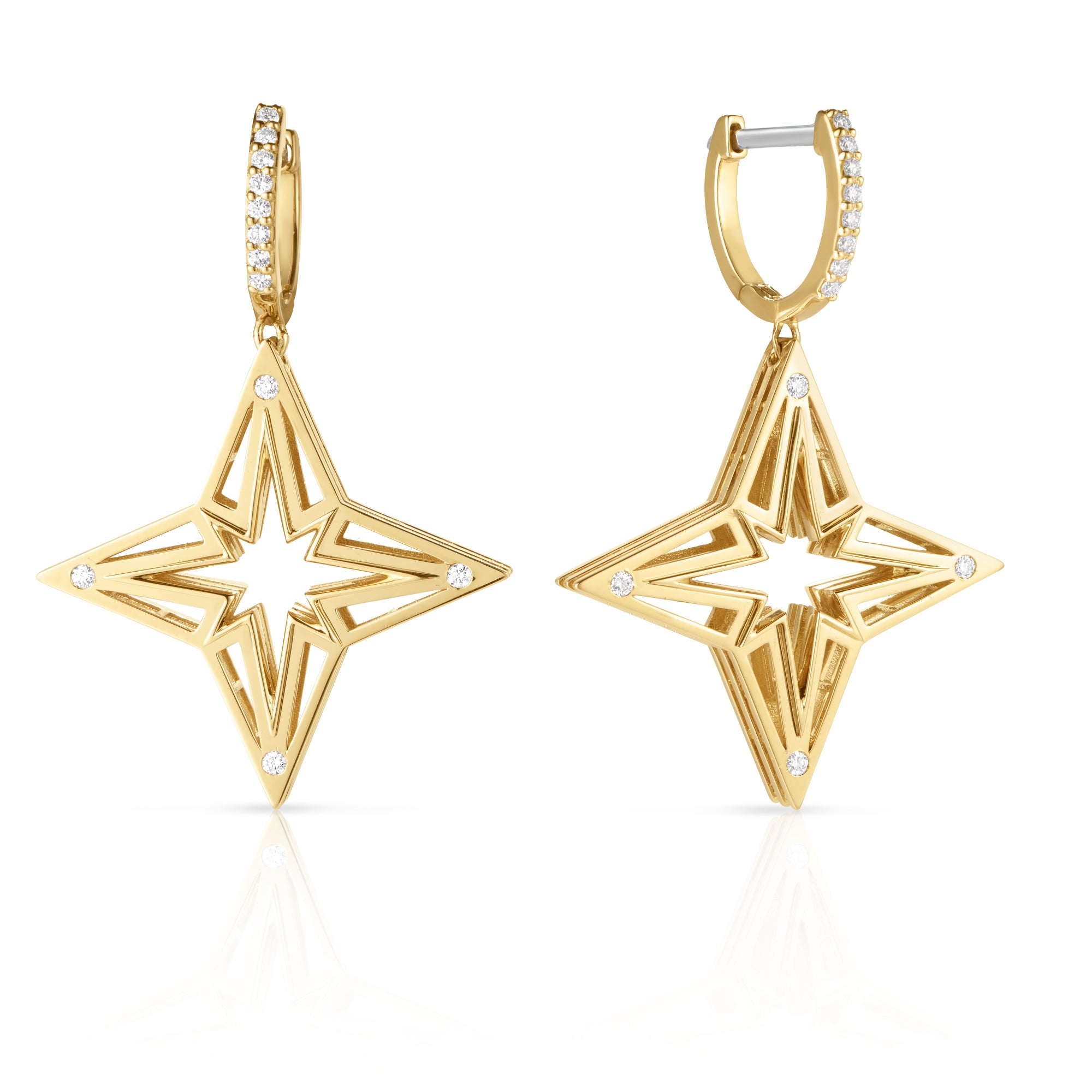 18K YELLOW GOLD STARDUST MEDIUM OPEN FRAME DIAMOND STAR DANGLE EARRINGS