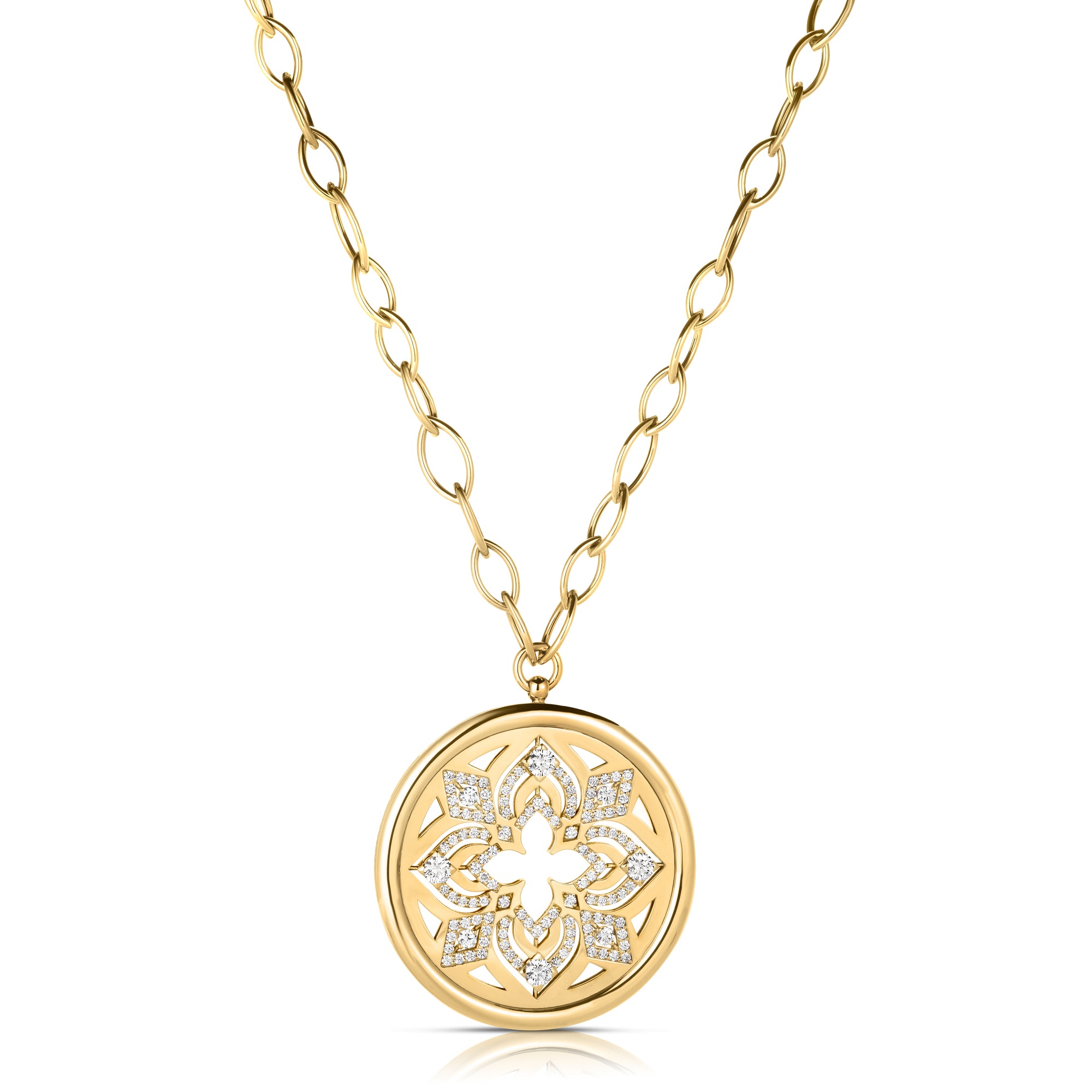 18K YELLOW GOLD ARABESQUE DIAMOND FLOWER MEDALLION LONG NECKLACE