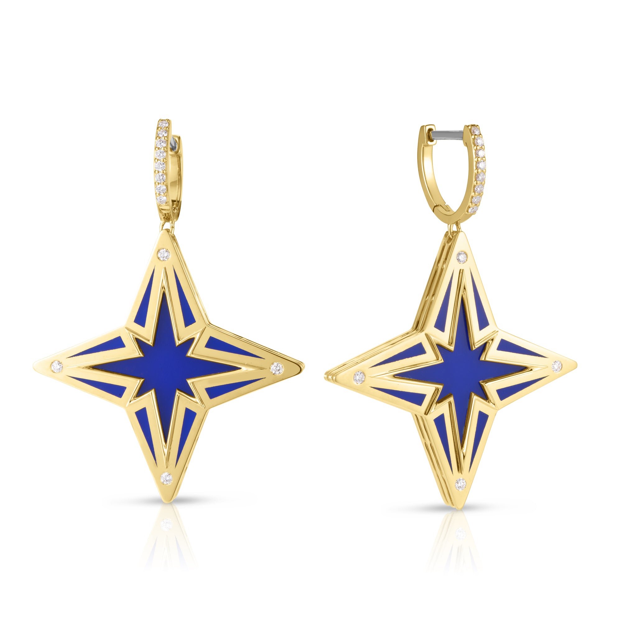 18K YELLOW GOLD STARDUST LARGE DIAMOND & BLUE CERAMIC STAR DANGLE EARRINGS