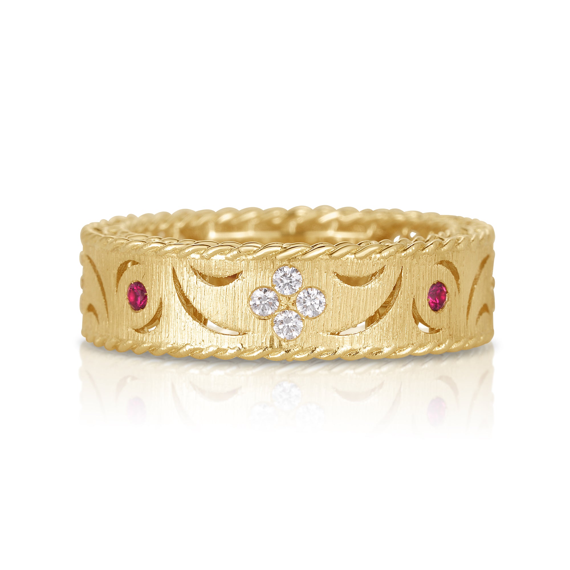 18K YELLOW GOLD PRINCESS DIAMOND & RUBY SATIN FINISH RING