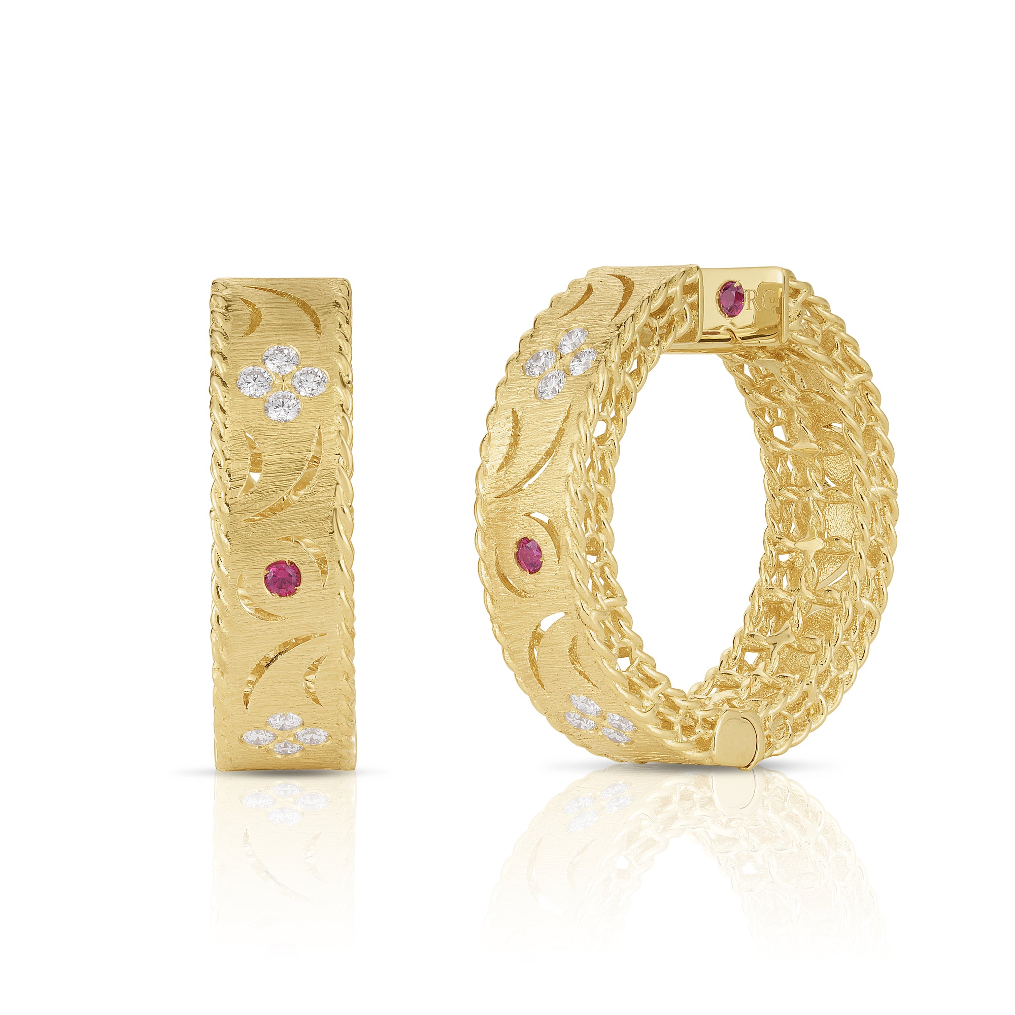 18K YELLOW GOLD PRINCESS DIAMOND & RUBY SATIN FINISH HOOP EARRINGS