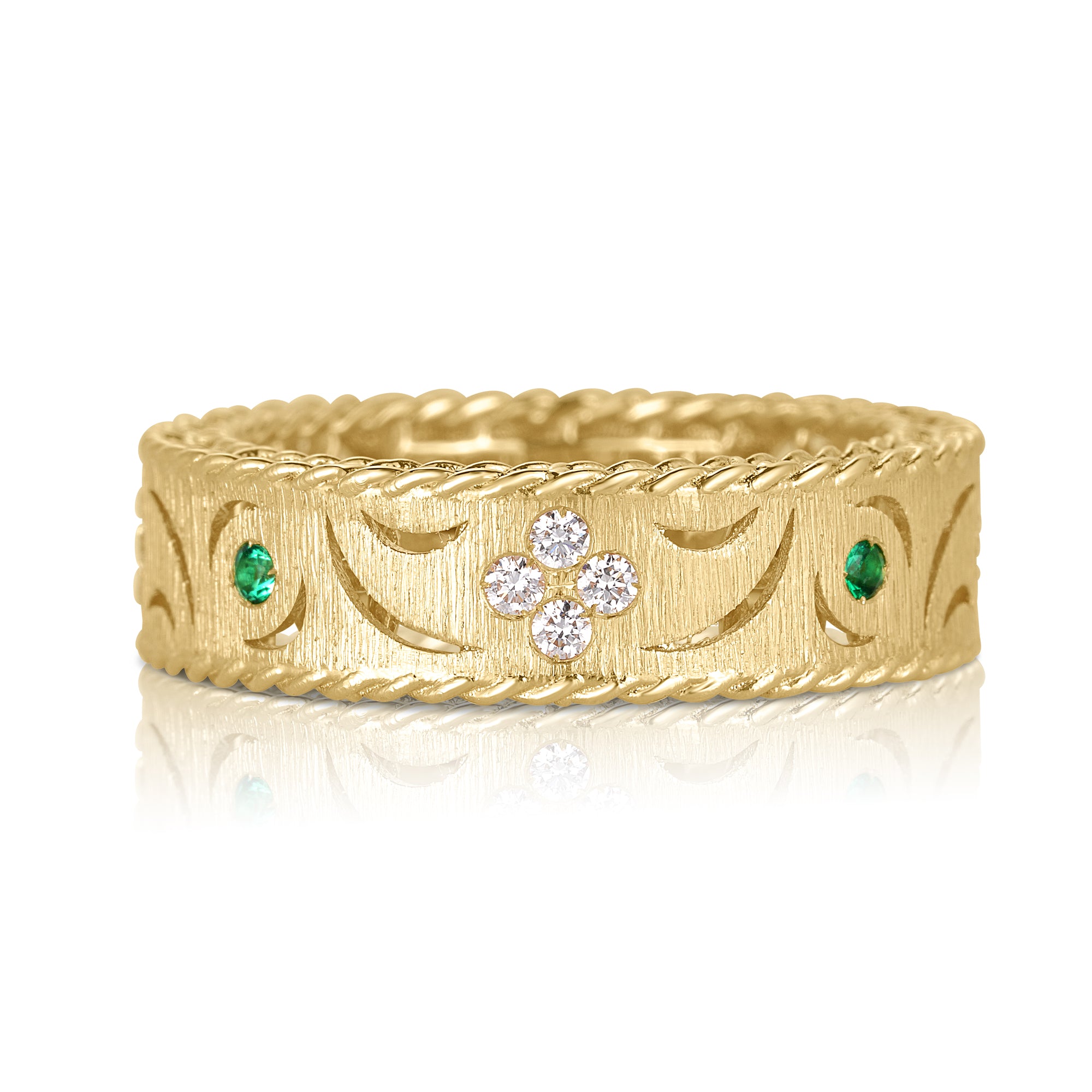 18K YELLOW GOLD PRINCESS DIAMOND & EMERALD SATIN FINISH RING