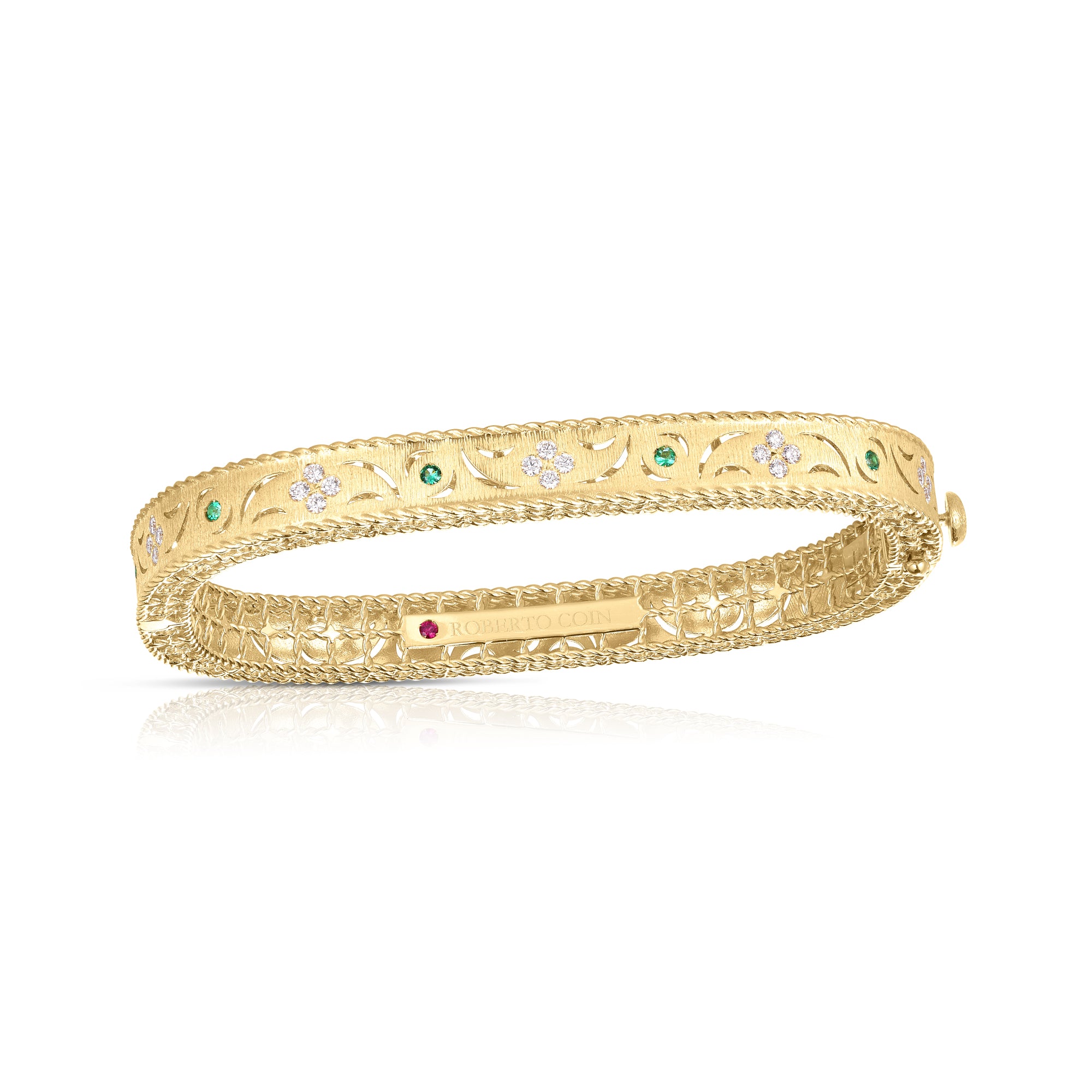 18K YELLOW GOLD PRINCESS DIAMOND & EMERALD SATIN FINISH BANGLE