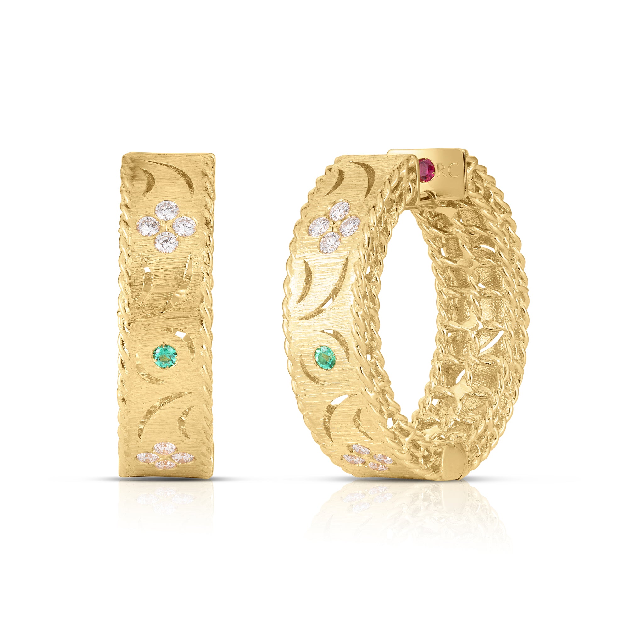 18K YELLOW GOLD PRINCESS DIAMOND & EMERALD SATIN FINISH HOOP EARRINGS