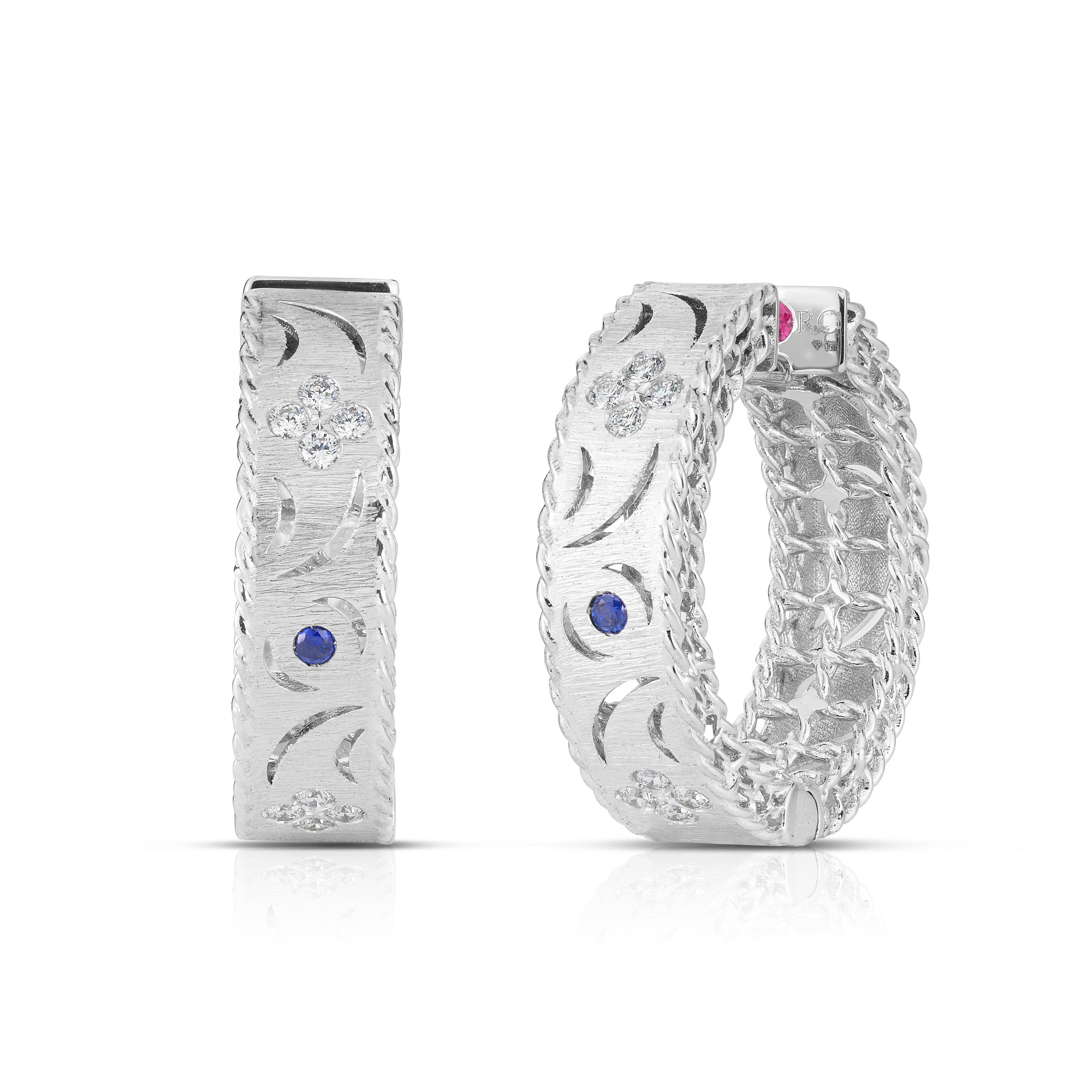 18K WHITE GOLD PRINCESS DIAMOND & BLUE SAPPHIRE SATIN FINISH HOOP EARRINGS