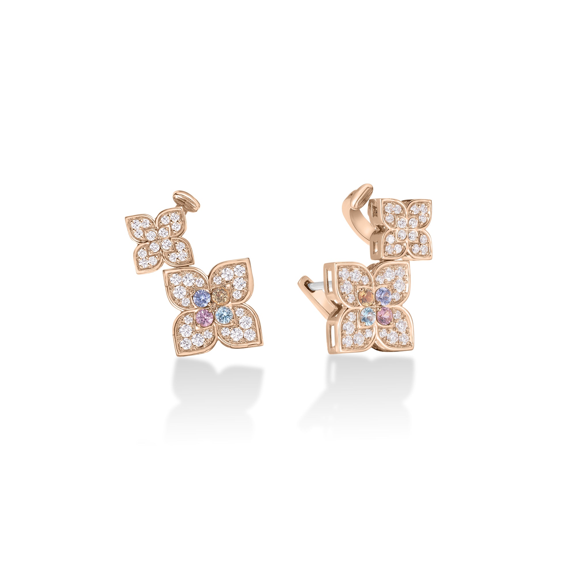 18K ROSE GOLD VENETIAN PRINCESS CARNIVAL PAVE DIAMOND & MIXED STONES (TANZANITE, BLUE TOPAZ, RUBELLITE, & CITRINE) DOUBLE FLOWER CLIMBER EARRINGS