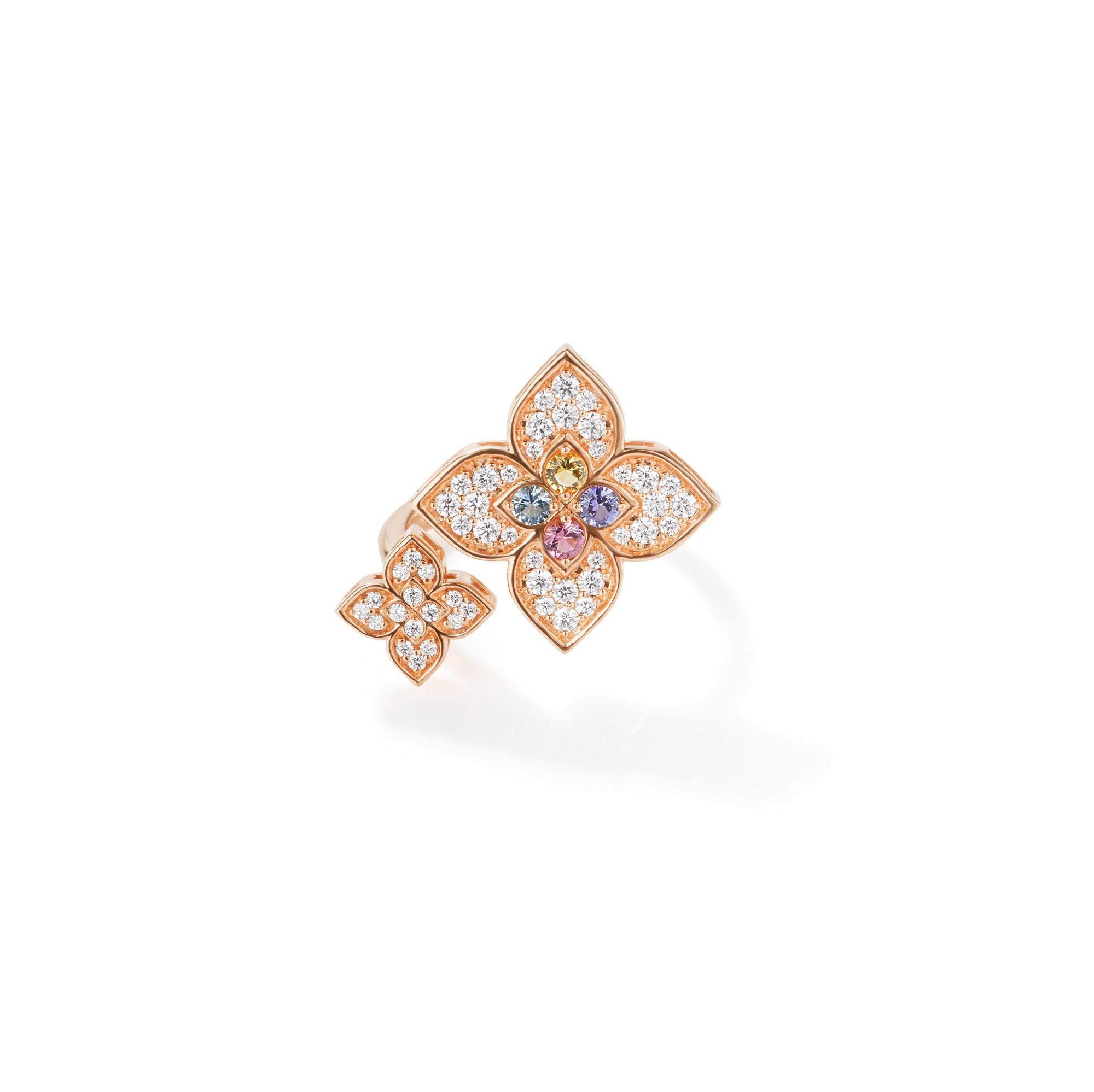 18K ROSE GOLD VENETIAN PRINCESS CARNIVAL PAVE DIAMOND & MIXED STONES (TANZANITE, BLUE TOPAZ, RUBELLITE, & CITRINE) DOUBLE FLOWER RING