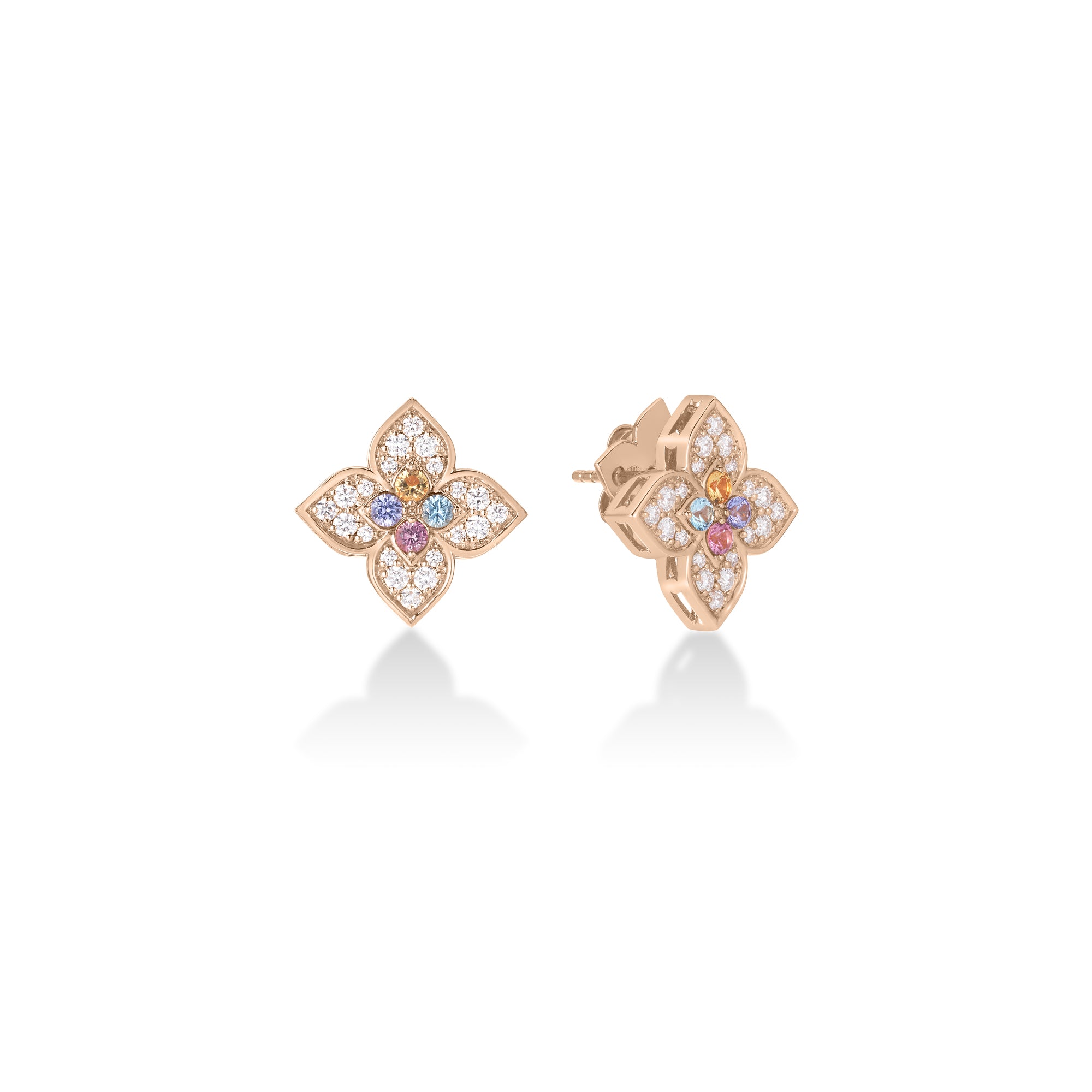 18K ROSE GOLD VENETIAN PRINCESS CARNIVAL PAVE DIAMOND & MIXED STONES (TANZANITE, BLUE TOPAZ, RUBELLITE, & CITRINE) MEDIUM FLOWER STUD EARRINGS