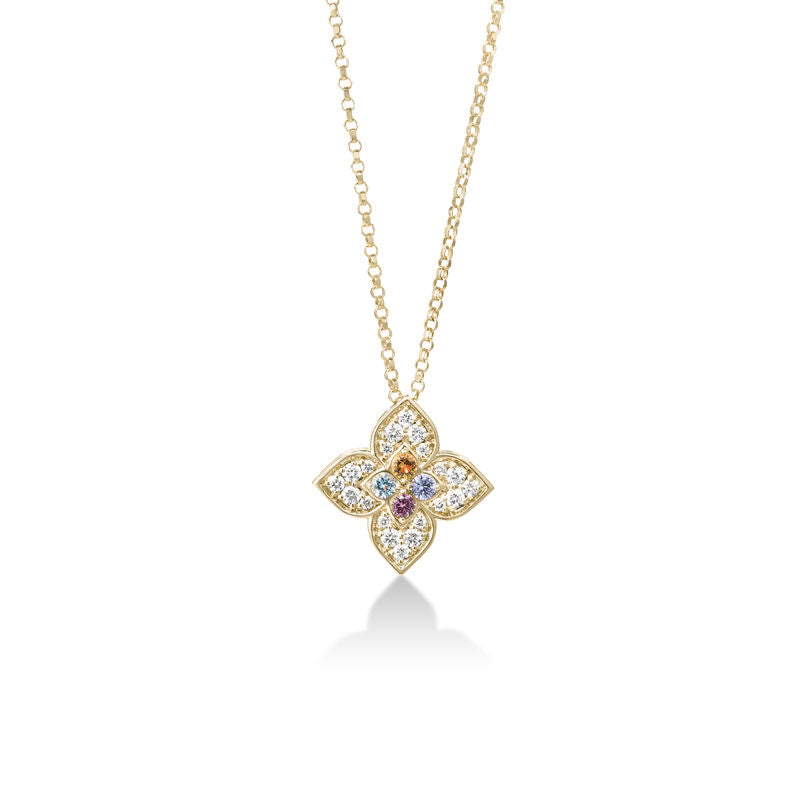 18K YELLOW GOLD VENETIAN PRINCESS CARNIVAL PAVE DIAMOND & MIXED STONES (BLUE TOPAZ, CITRINE, RUBELLITE, & TANZANITE) FLOWER NECKLACE