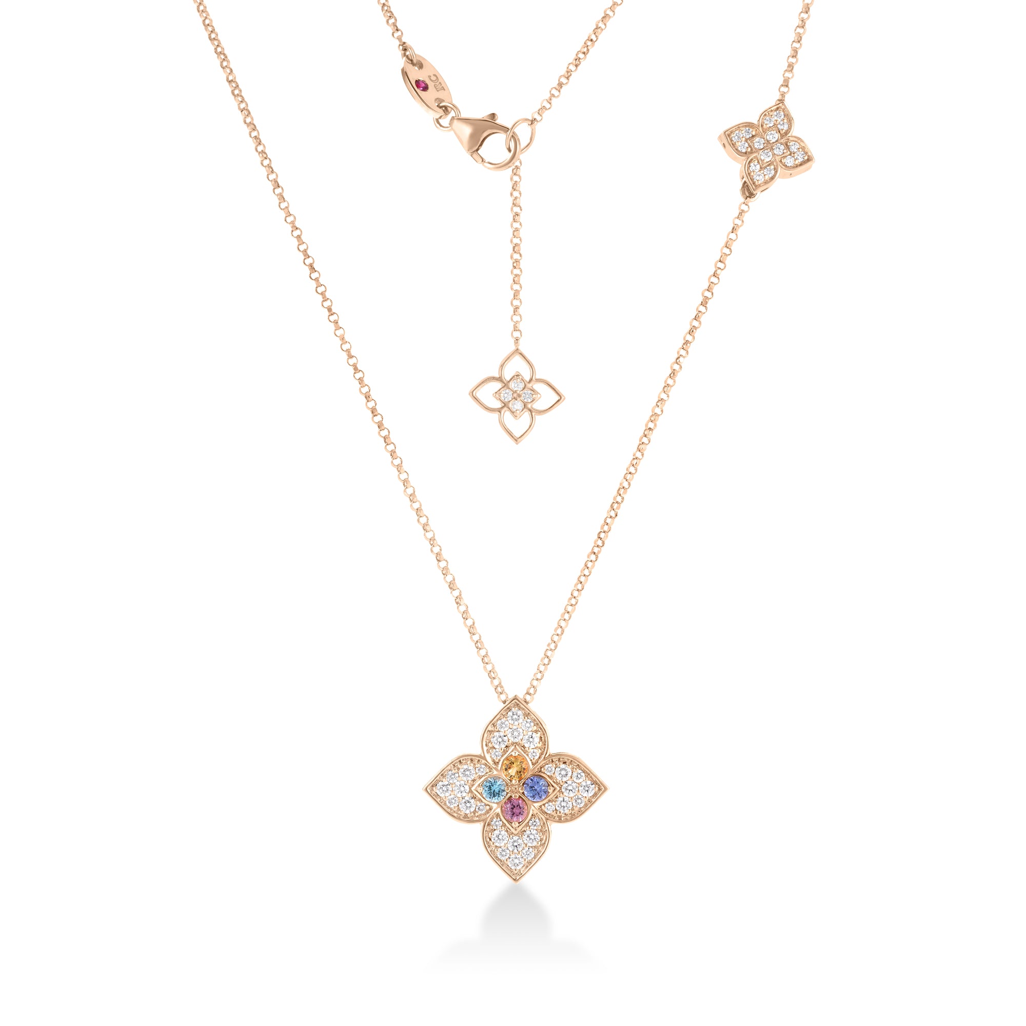 18K ROSE GOLD VENETIAN PRINCESS CARNIVAL PAVE DIAMOND & MIXED STONES (TANZANITE, BLUE TOPAZ, RUBELLITE, & CITRINE) FLOWER LONG NECKLACE