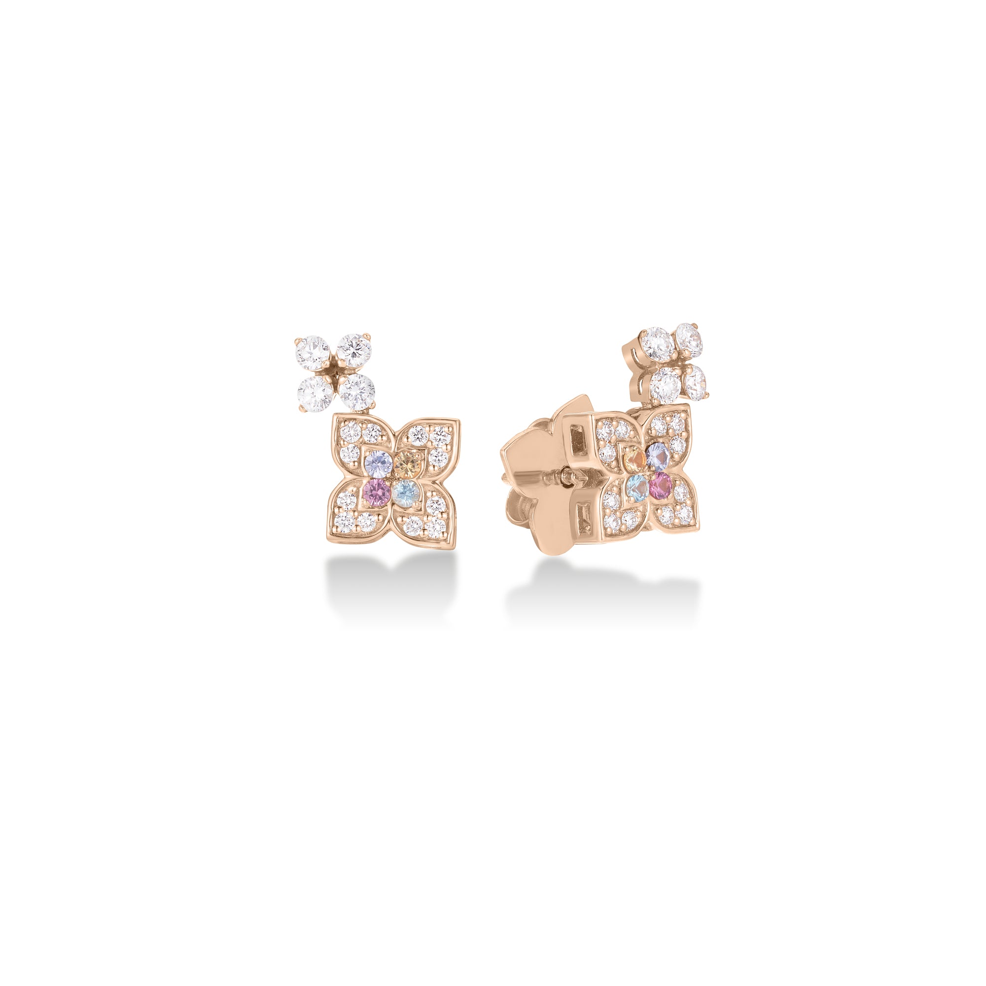 18K ROSE GOLD VENETIAN PRINCESS CARNIVAL PAVE DIAMOND & MIXED STONES (TANZANITE, BLUE TOPAZ, RUBELLITE, & CITRINE) DOUBLE FLOWER STUD EARRINGS