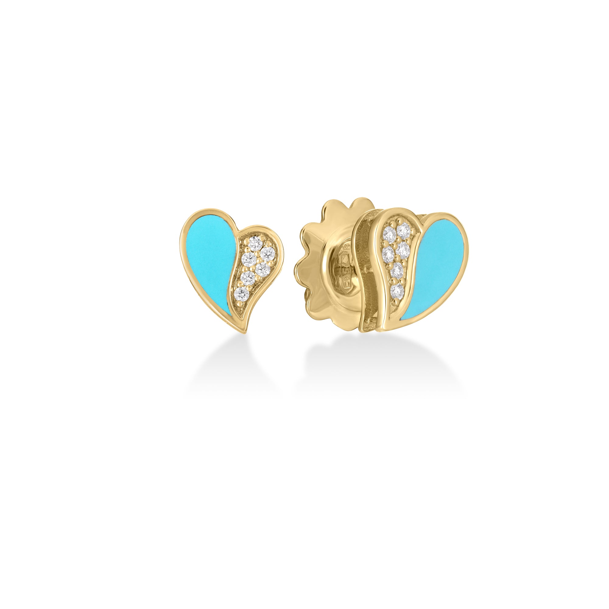 18K YELLOW GOLD AMORINO DIAMOND & CYAN ENAMEL HEART STUD EARRINGS