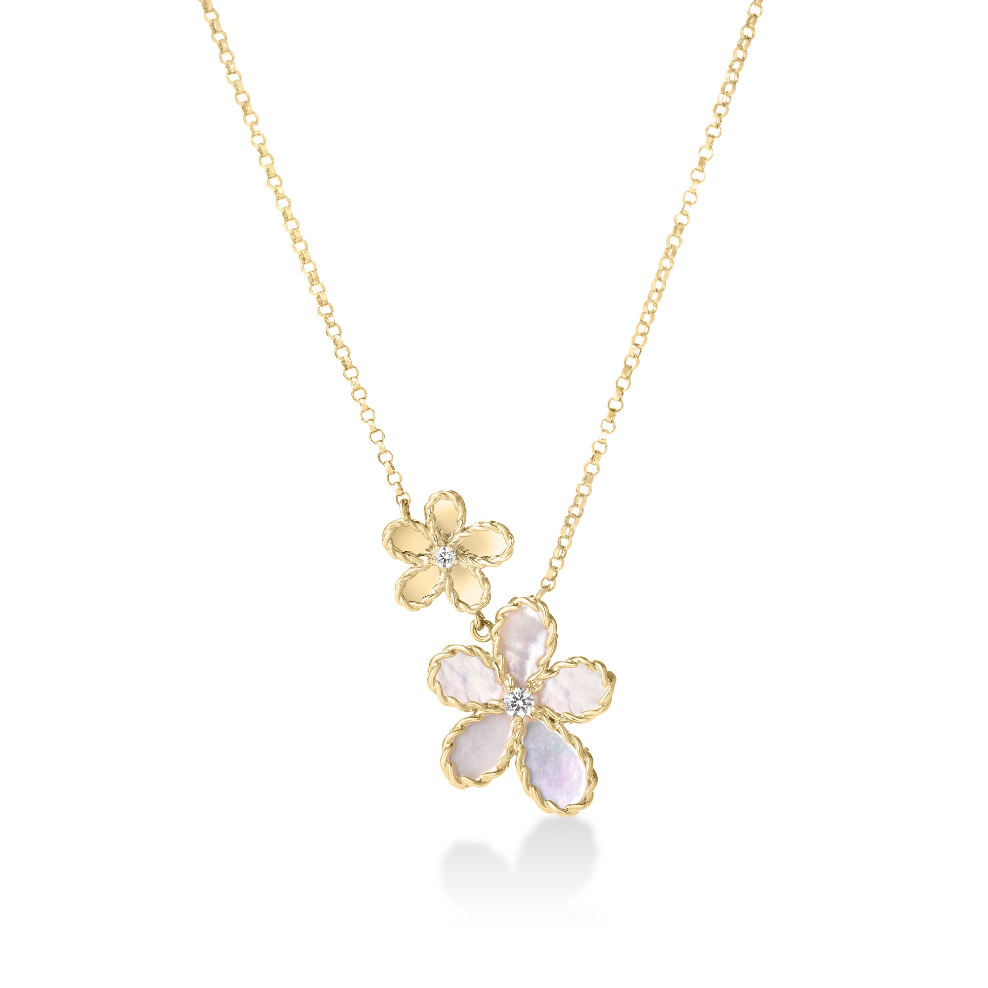 18K YELLOW GOLD JASMINE DIAMOND & MOTHER OF PEARL DOUBLE FLOWER NECKLACE